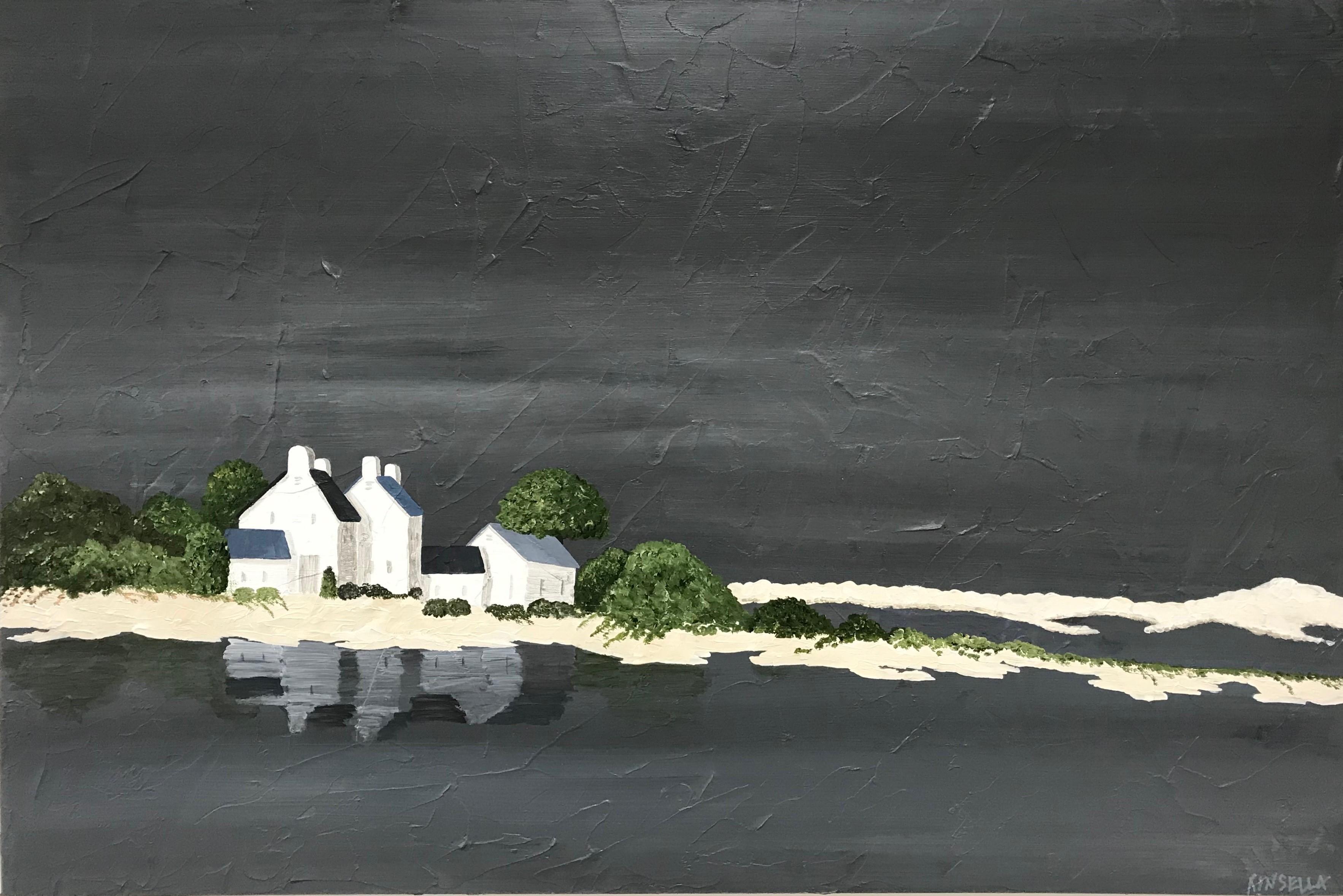 'Quietly Reflecting' is a medium size horizontal seascape painting created by American artist Susan Kinsella in 2018. Featuring a dark grey, beige and dark green palette, the painting plays beautifully with contrasts. The strong light, cast on the