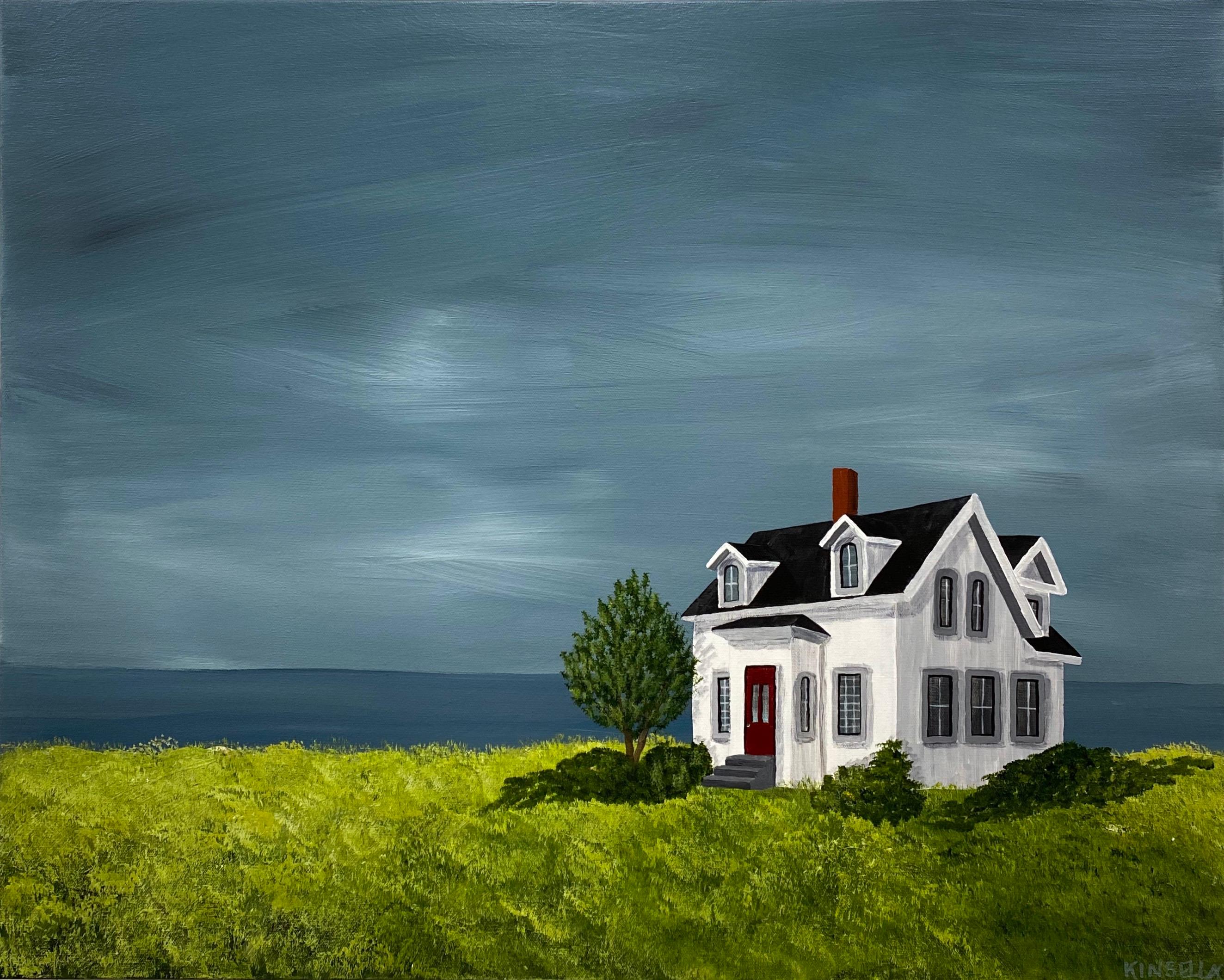 'Sanctuary Cottage' is a large contemporary acrylic on canvas painting of vertical format, created by American artist Susan Kinsella in 2020. Featuring a dramatic, luminous palette mostly made of blue, white, red and white tones. Reminding us of Old