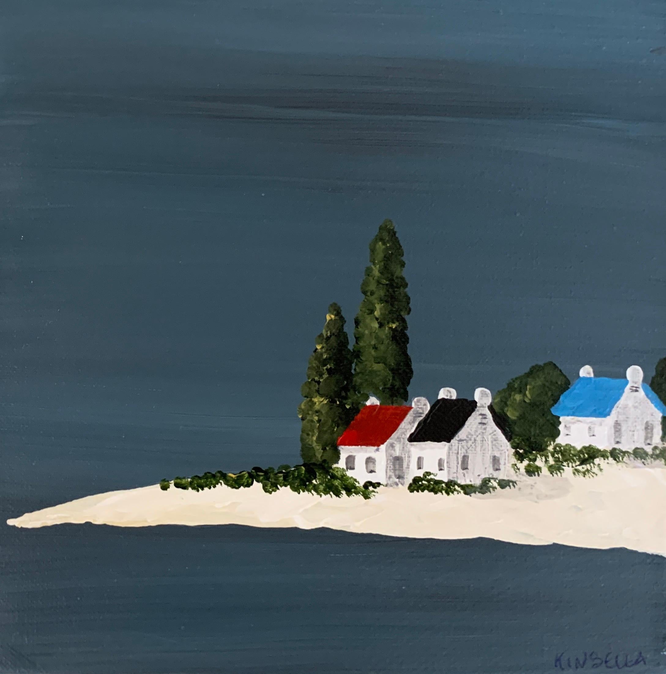 'Small Work V' is a small contemporary acrylic on canvas coastal painting of square format, created by American artist Susan Kinsella in 2019. Featuring a strong palette made of dark blue grey, black, white and beige colors accented with touches of