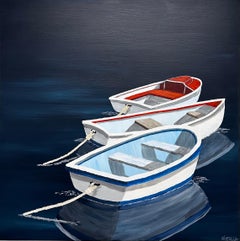 Drei Fliegenfänger von Susan Kinsella, Strand, Kanus Acryl auf Leinwand Gemälde, Blau