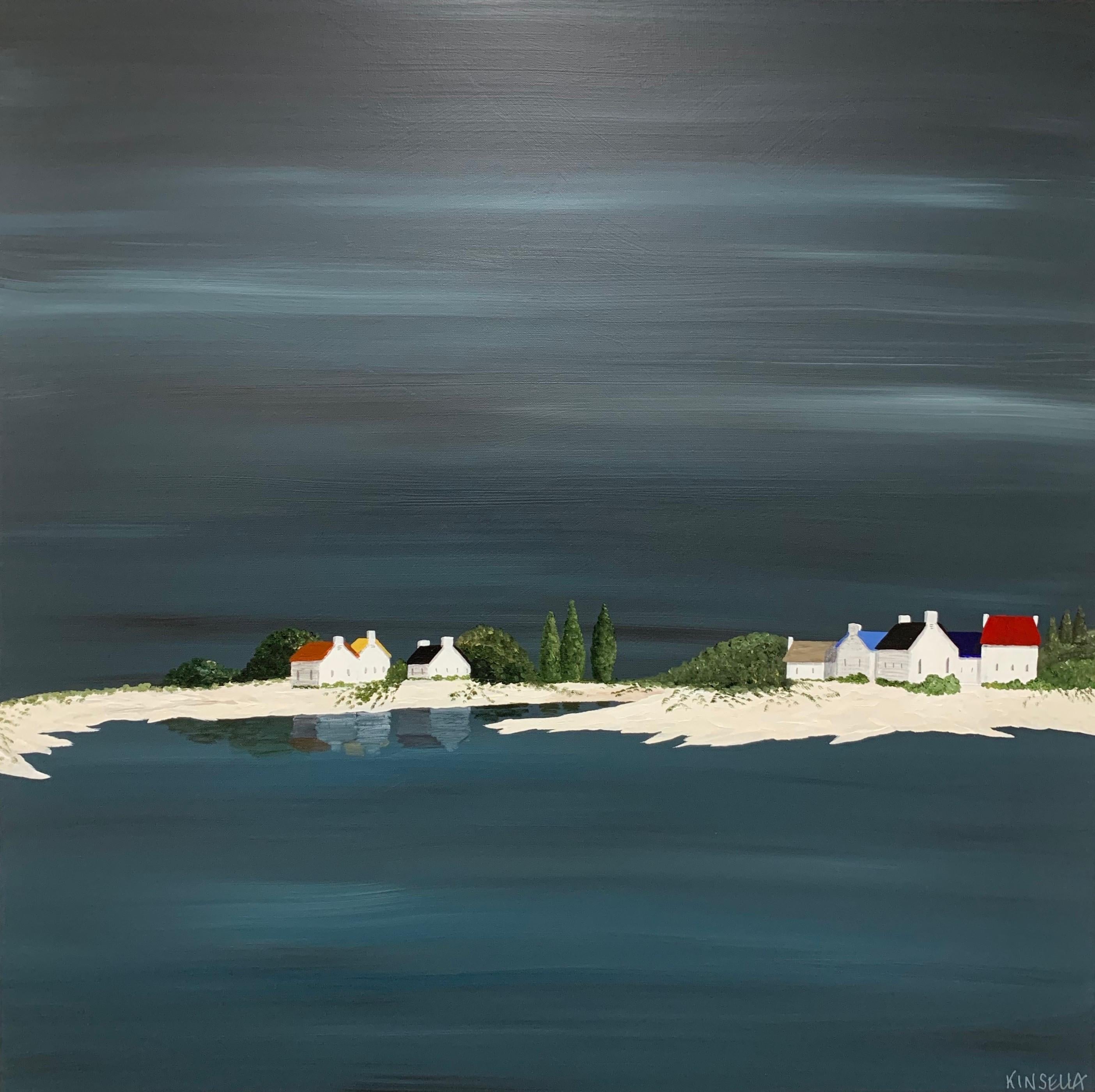 'Tranquil Village' is a medium size contemporary acrylic on canvas coastal painting of square format created by American artist Susan Kinsella in 2019. Featuring a dark palette mostly made of grey, black, blue, red, green and beige tones, this