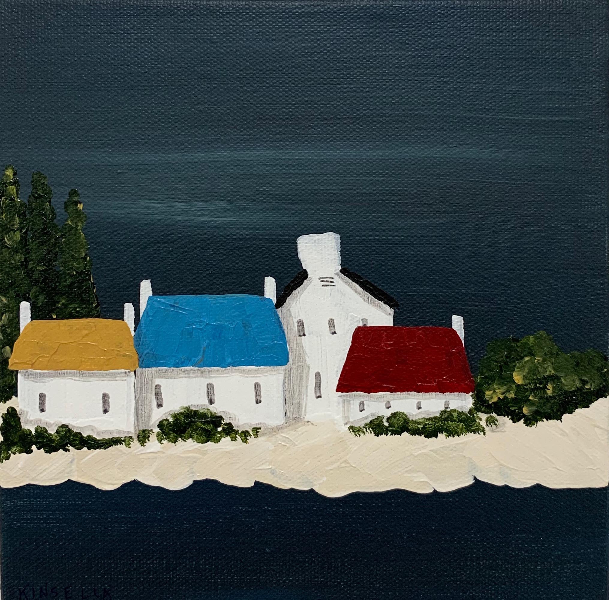 'Village IV' is a petite contemporary acrylic on canvas coastal painting of square format, created by American artist Susan Kinsella in 2019. Featuring a strong palette made of dark blue grey, black, white and beige colors accented with touches of