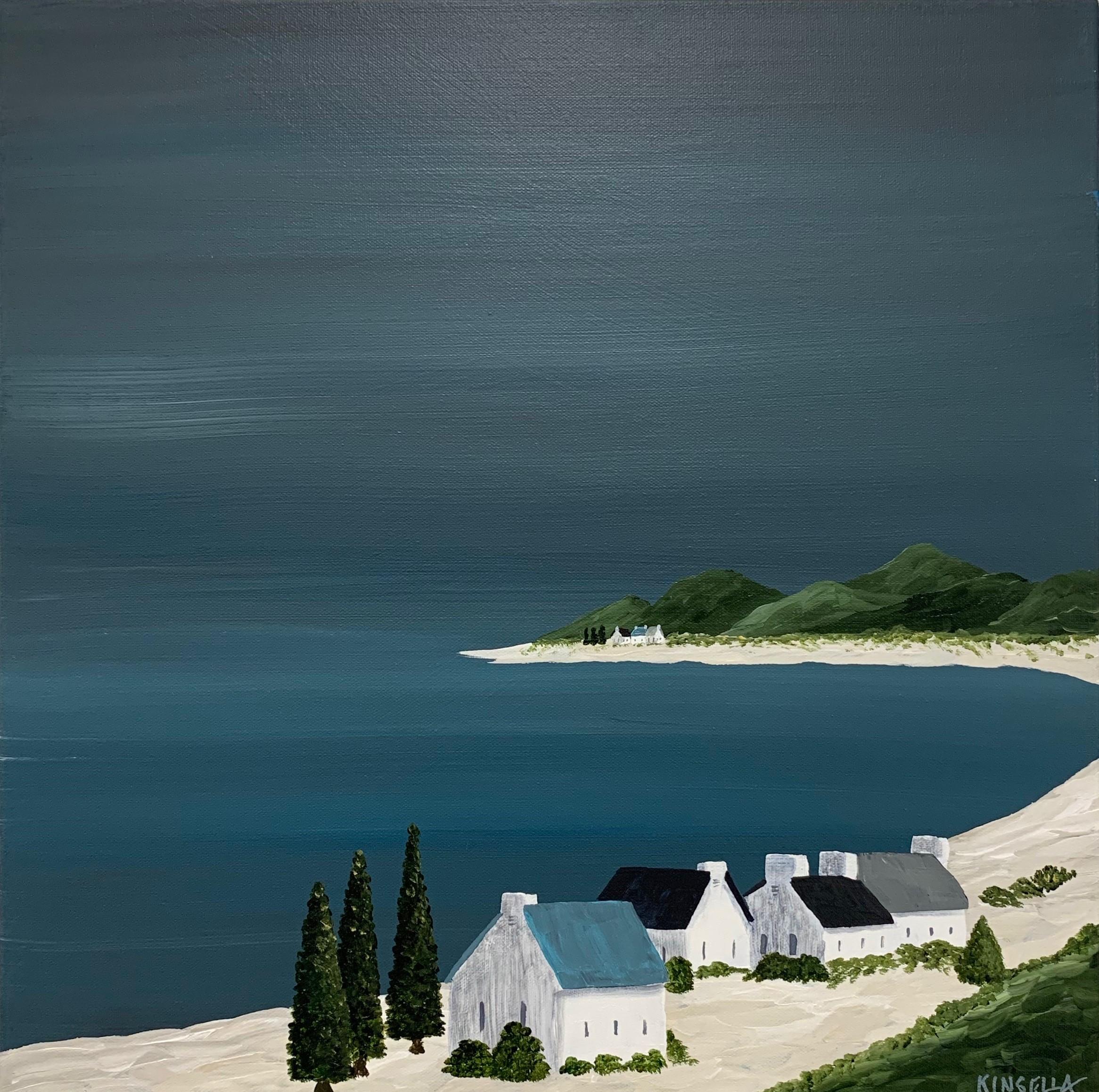'Village of Joy' is a medium size contemporary acrylic on canvas coastal painting created by American artist Susan Kinsella in 2019. Featuring a cold palette made of blue, black, green and beige tones, the painting depicts a serene village set along