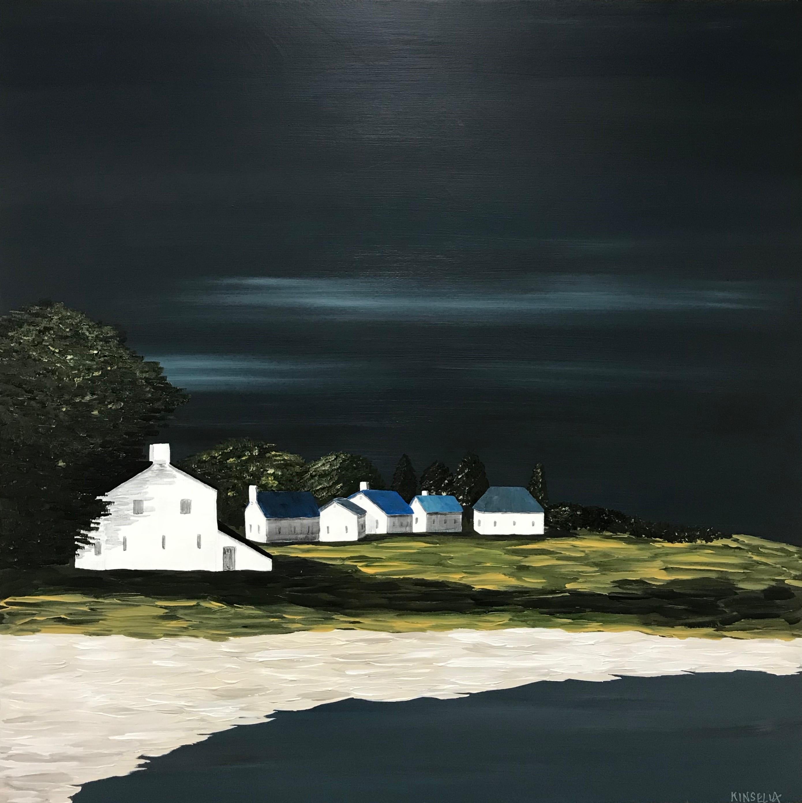 'Village on the Green' is a contemporary, medium size acrylic on canvas coastal painting created by American artist Susan Kinsella in 2018. Featuring a beautifully contrasting palette made of black, dark grey, green and beige colors accented with a