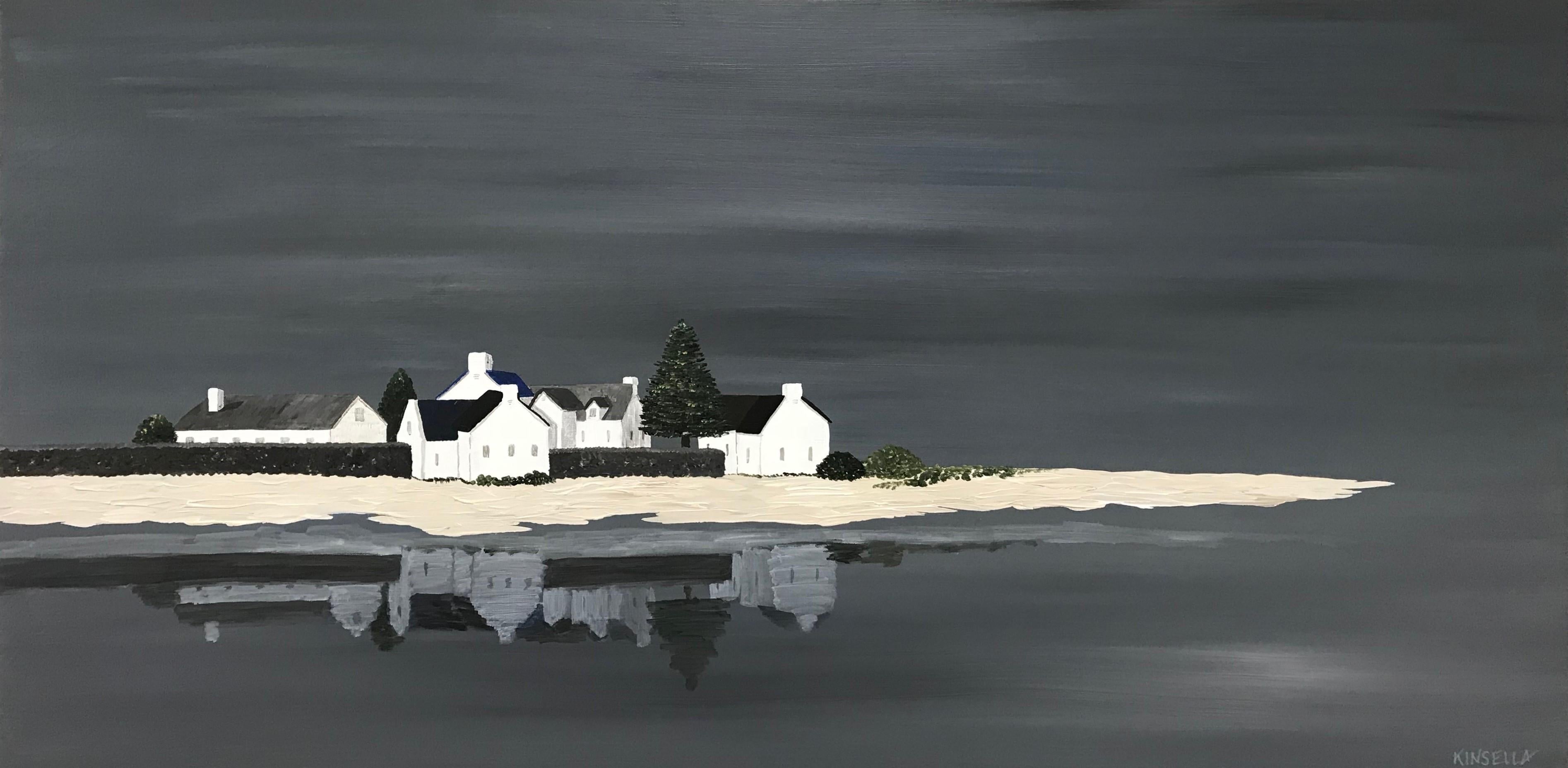 'Village Reflected' is a horizontal contemporary acrylic on canvas seascape painting created by American artist Susan Kinsella in 2018. Featuring a strong palette made of dark grey, beige and dark green colors, the painting strikes by its use of