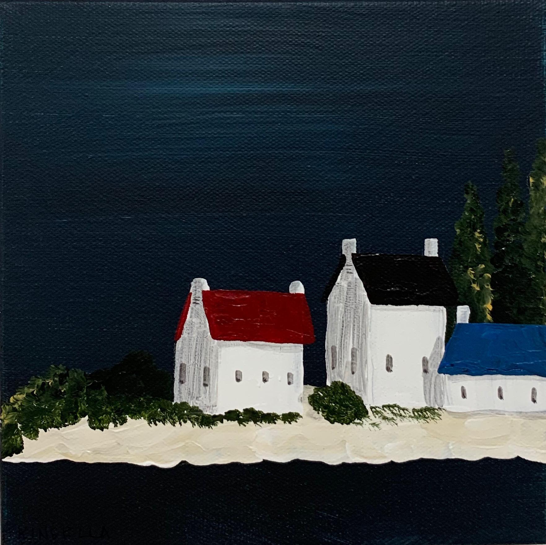 'Village VI' is a petite contemporary acrylic on canvas coastal painting of square format, created by American artist Susan Kinsella in 2019. Featuring a strong palette made of dark blue grey, black, white and beige colors accented with touches of