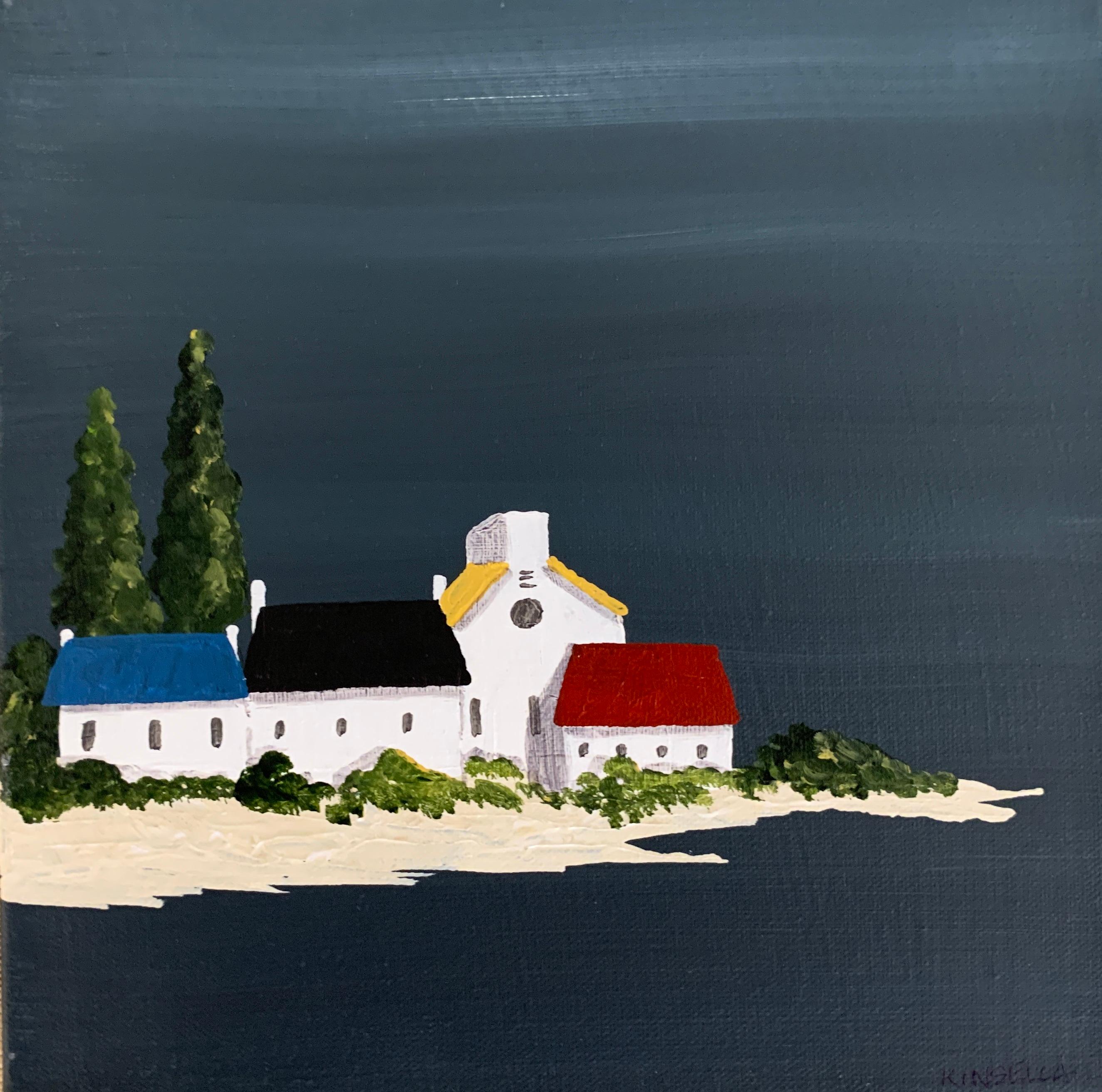 'Village XI' is a small contemporary acrylic on canvas coastal painting of square format, created by American artist Susan Kinsella in 2019. Featuring a strong palette made of dark blue grey, black, white and beige colors accented with touches of