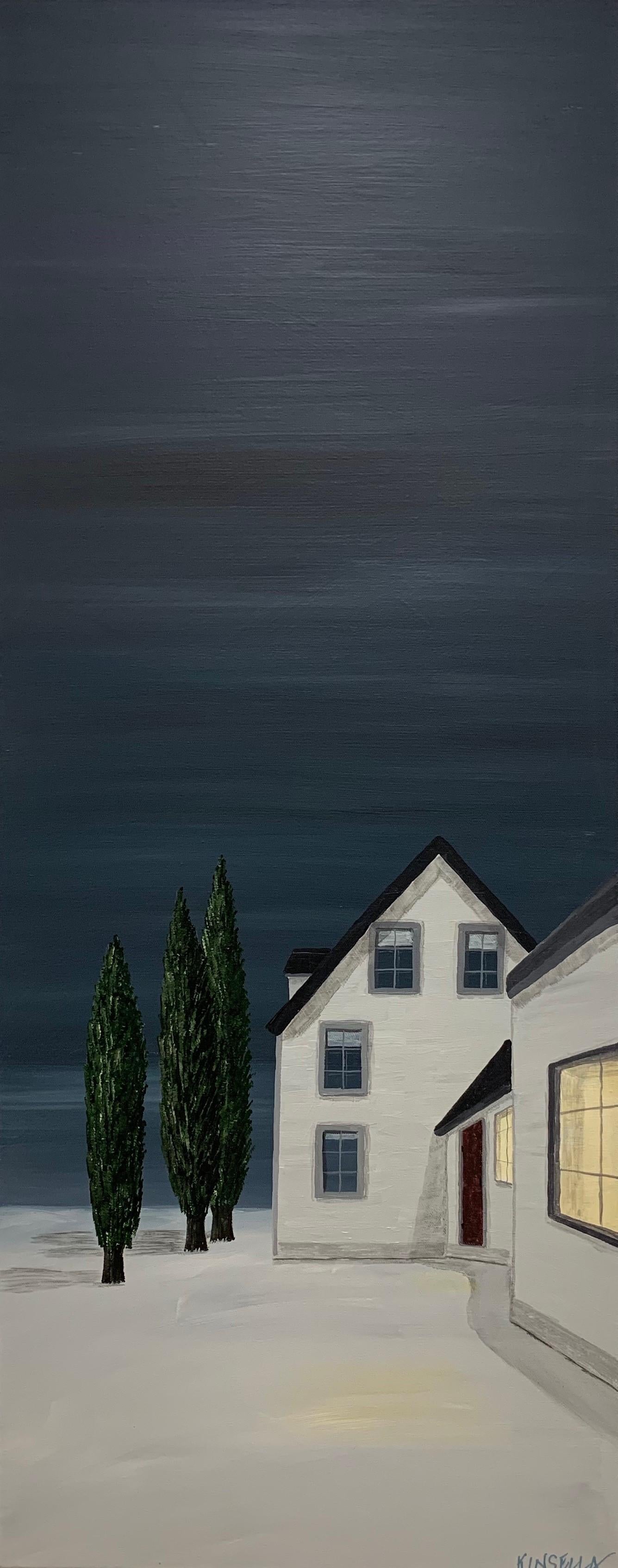 'Warmth Reflected' is a tall and narrow contemporary acrylic on canvas figurative painting created by American artist Susan Kinsella in 2019. Featuring a dark palette mostly made of grey, black, blue and green colors perfectly contrasted with beige