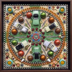 "Found Object Mandala CLIX" - mixed media, assemblage, pattern, circle, cars