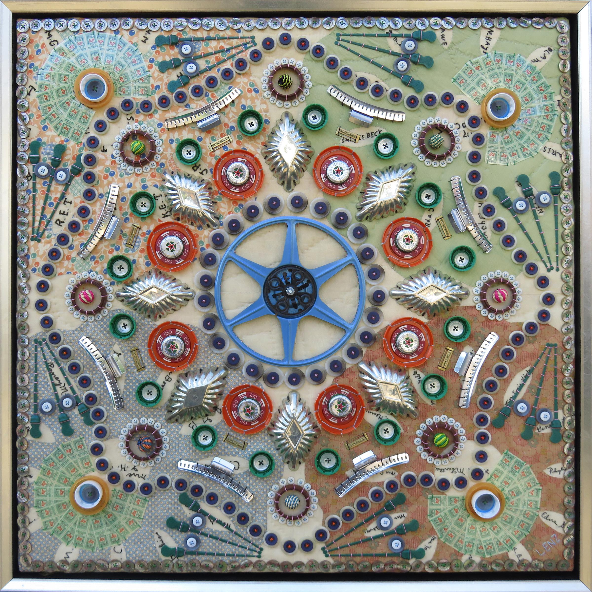 "Found Object Mandala CVII" - mixed media, assemblage, pattern, circle, wheel