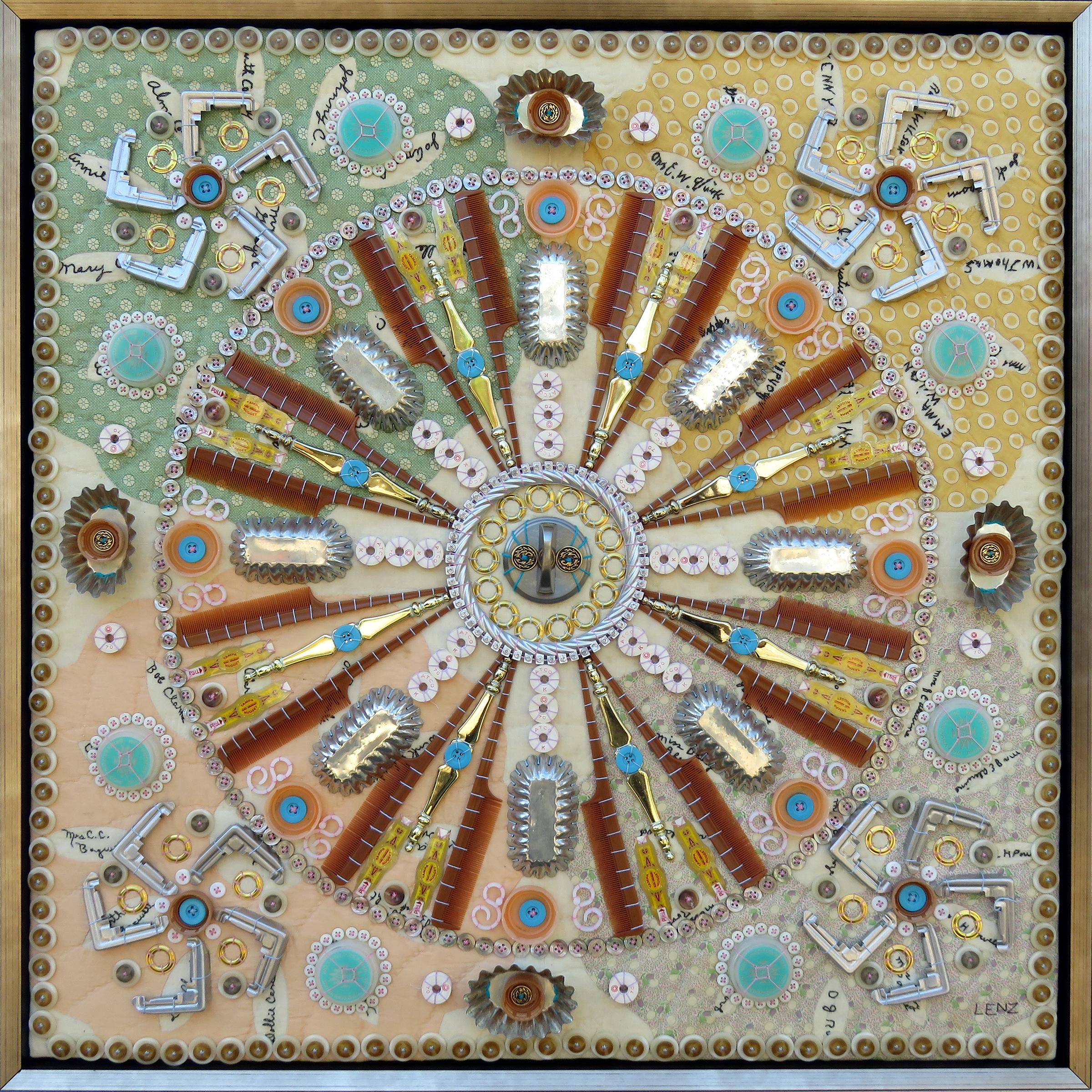 "Found Object Mandala CXII" - mixed media, assemblage, pattern, circle, wheel - Mixed Media Art by Susan Lenz