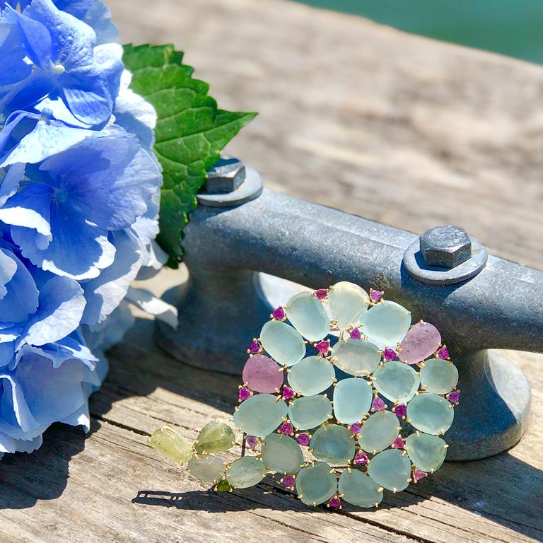Susan Lister Locke 113.25ct Aquamarine & Pink & Green Sapphire Hydrangea Pendant For Sale 3