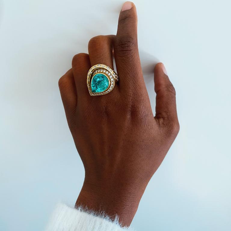 Susan Lister Locke 12.16ct Paraiba Tourmaline & Diamond Swirl Ring in 18K Gold For Sale 2