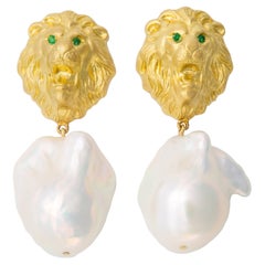 Susan Lister Locke 18kt Gold Lion Earrings with Emeralds and Freshwater Pearls