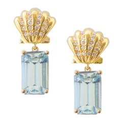 Susan Lister Locke Aquamarine and Scallop Shell with Diamonds Earrings