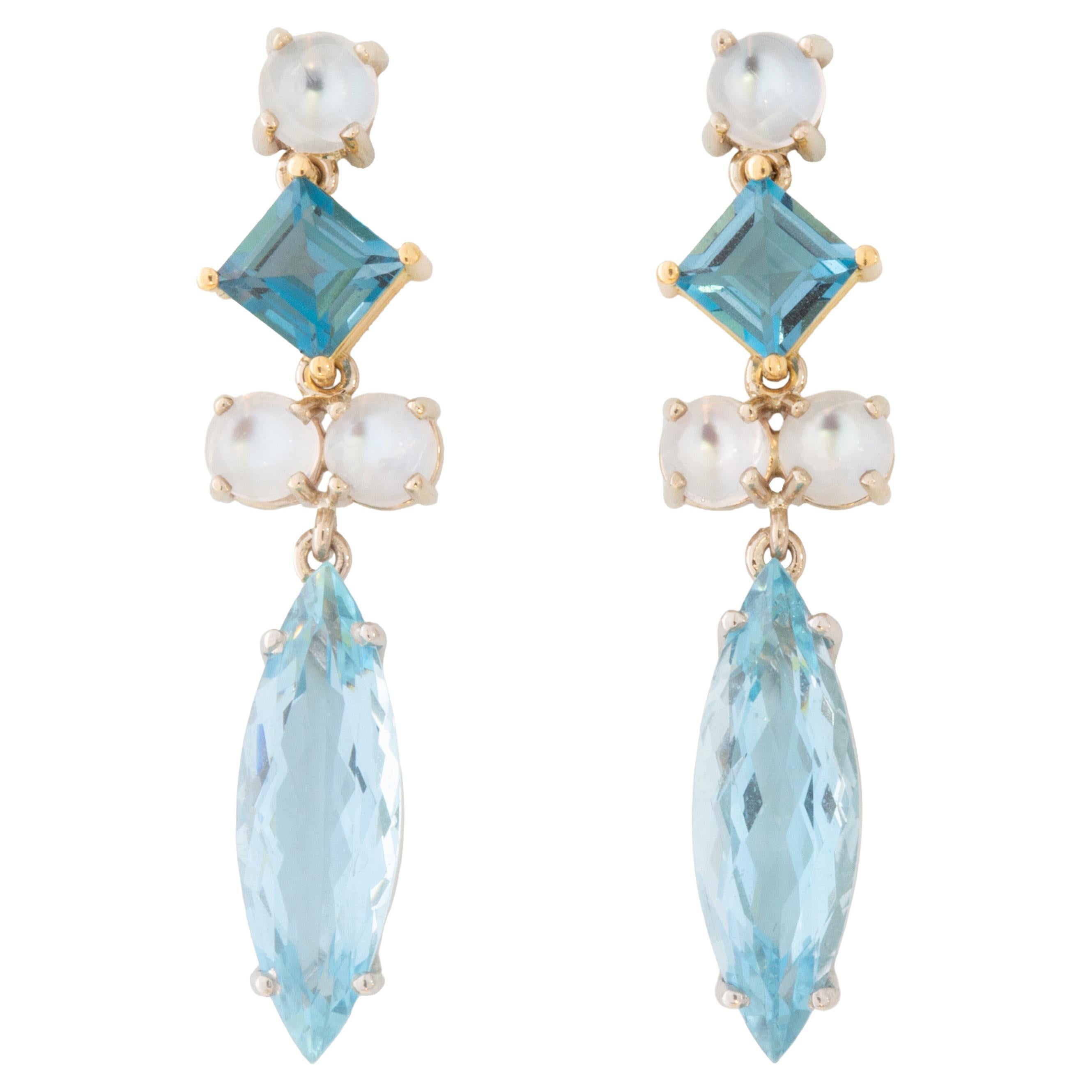 Susan Lister Locke Aquamarine, Blue Topaz and Moonstone Dangle Earrings For Sale