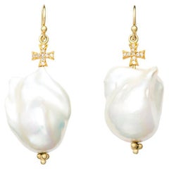 Susan Lister Locke Baroque Pearl & Diamond Cross Drop Earrings in 18 Karat Gold
