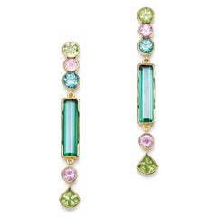 Susan Lister Locke Green Tourmaline, Peridot and Pink Sapphire Drop Earrings