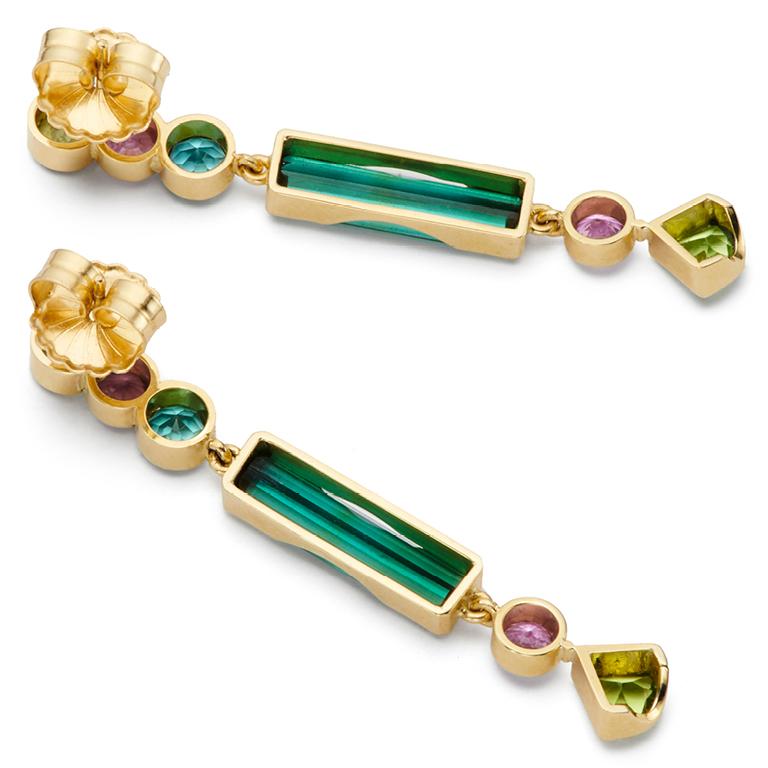 Contemporary Susan Lister Locke Green Tourmaline, Peridot and Pink Sapphire Drop Earrings For Sale