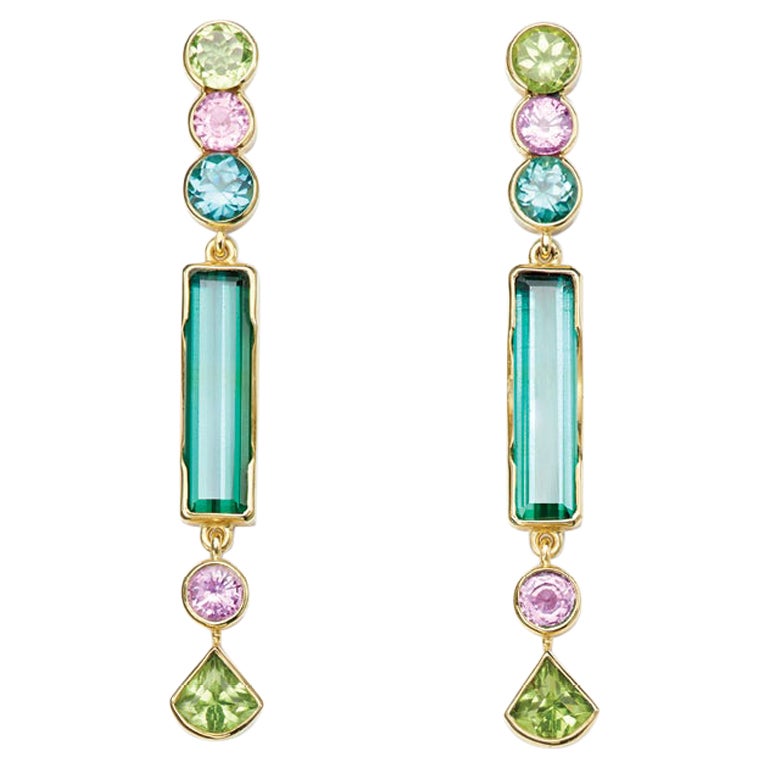 Susan Lister Locke Green Tourmaline, Peridot and Pink Sapphire Drop Earrings For Sale