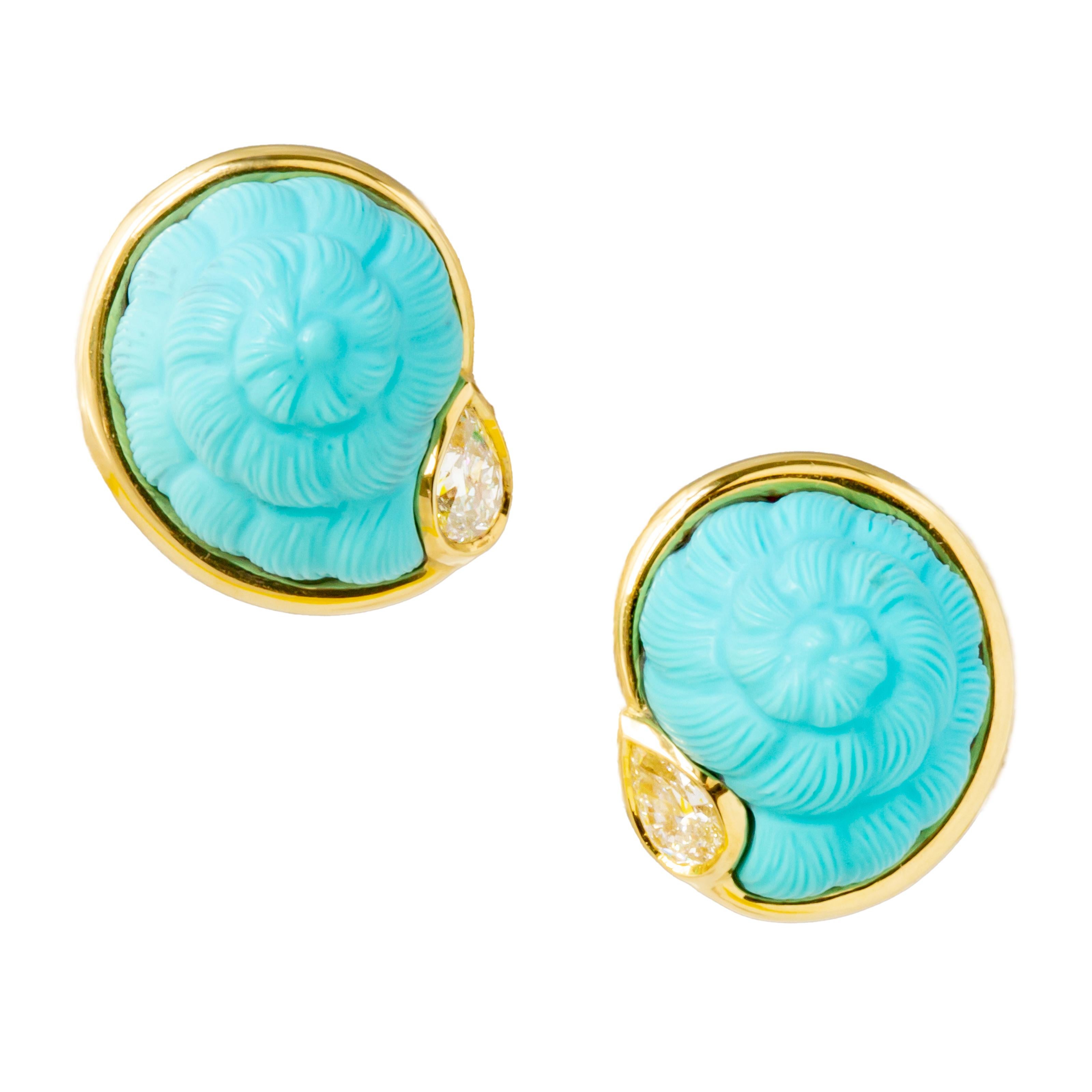 Hand Carved Sleeping Beauty Turquoise Nautilus earrings with pear shaped Diamonds set in 18kt Gold 

Turquoise: 17mm x 14.5mm x 10mm
Diamonds: 0.77ct; VS-F Color

Clip on with Post