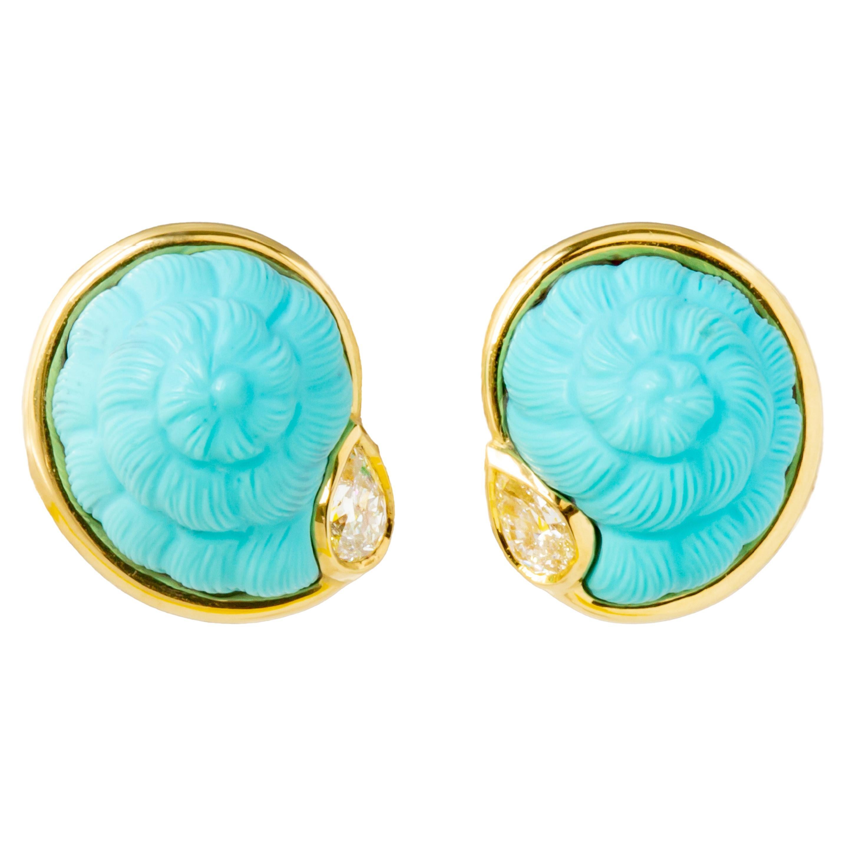Susan Lister Locke Hand Carved Sleeping Beauty Turquoise Nautilus Earrings For Sale