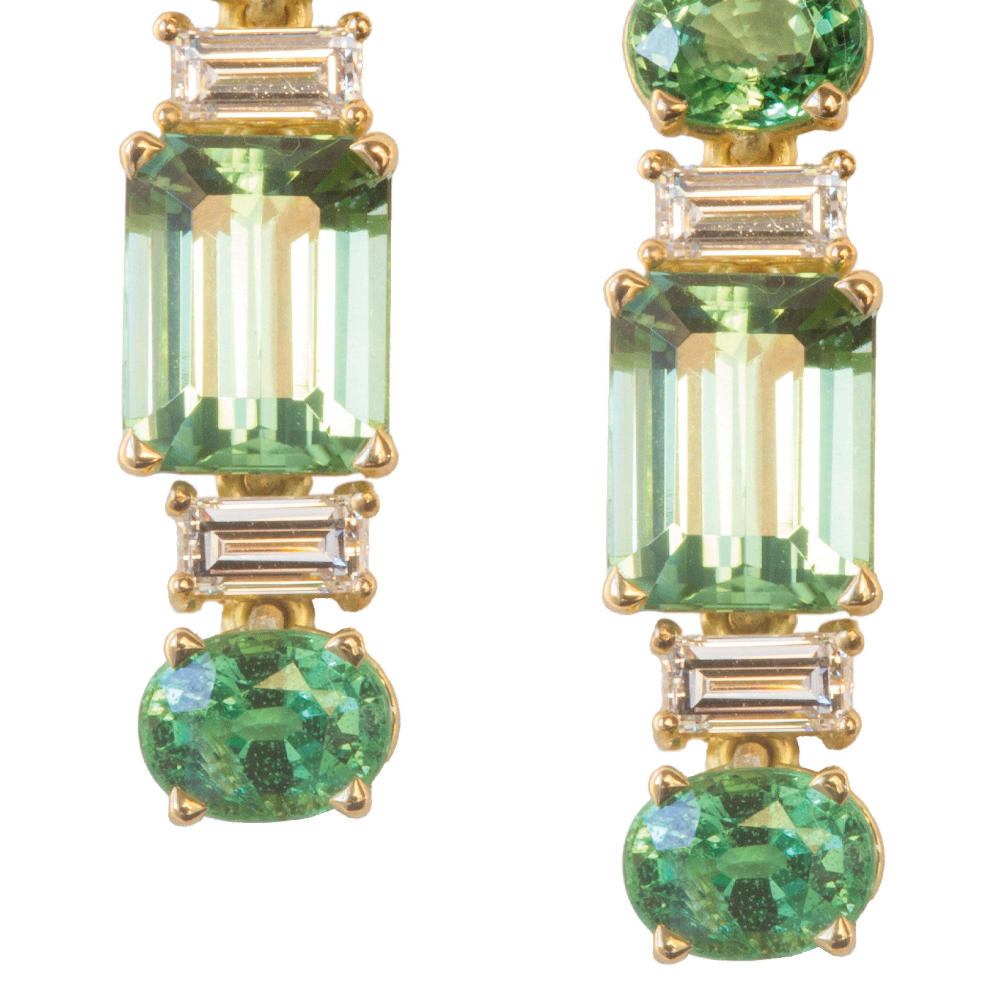 Octagon Cut Susan Lister Locke Mint Tourmaline, Tsavorite Garnet and Diamond Dangle Earrings For Sale
