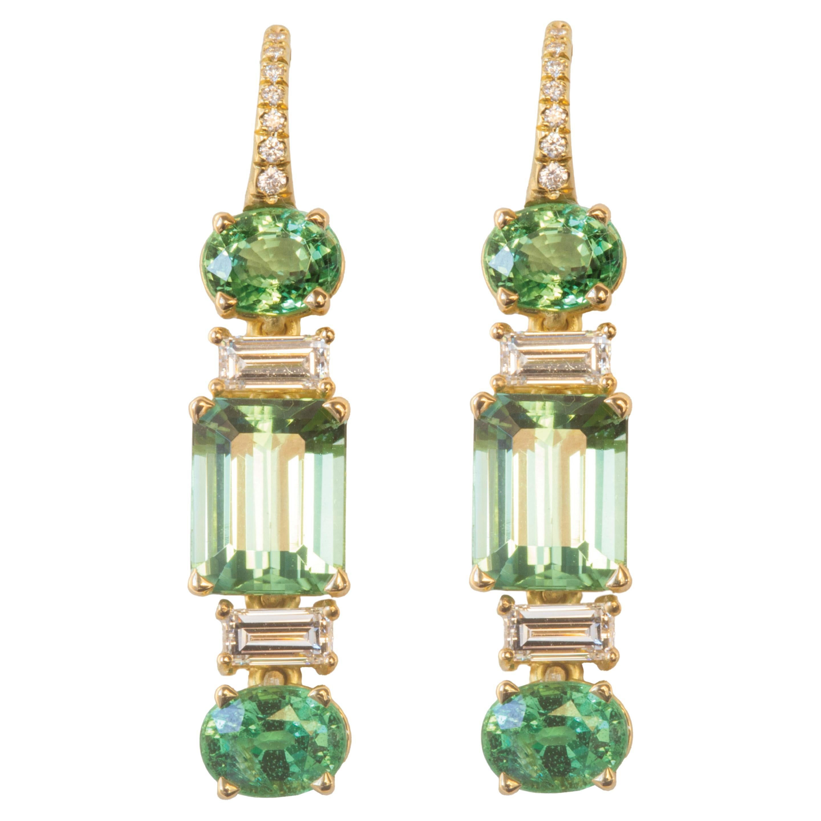 Susan Lister Locke Mint Tourmaline, Tsavorite Garnet and Diamond Dangle Earrings For Sale