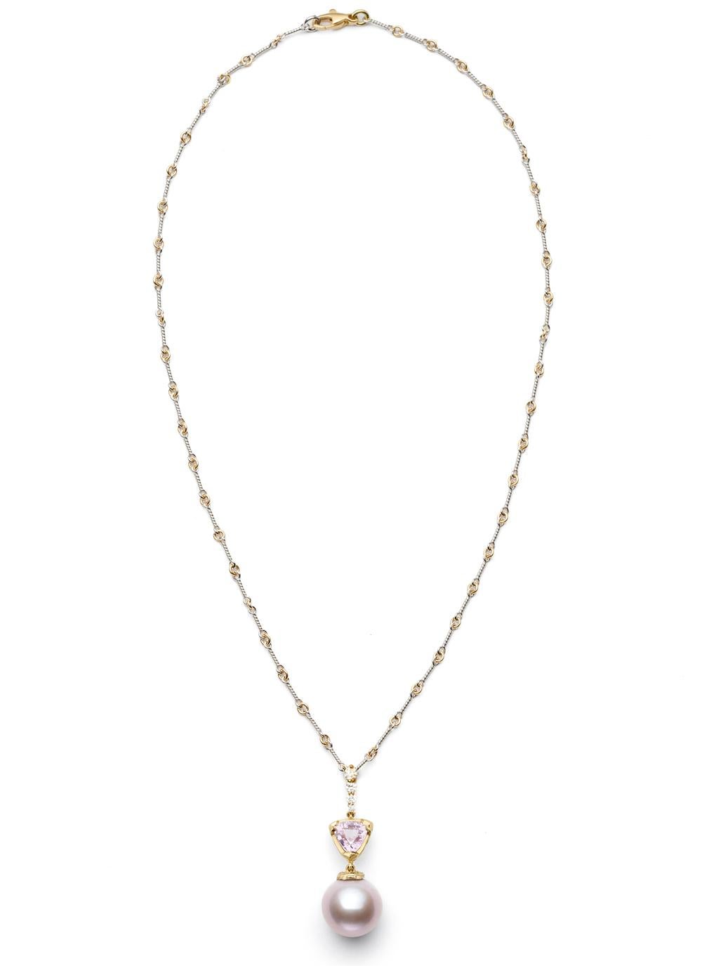 Trillion Cut Susan Lister Locke Pink South Sea Pearl and Sapphire Pendant with Diamond Clasp For Sale