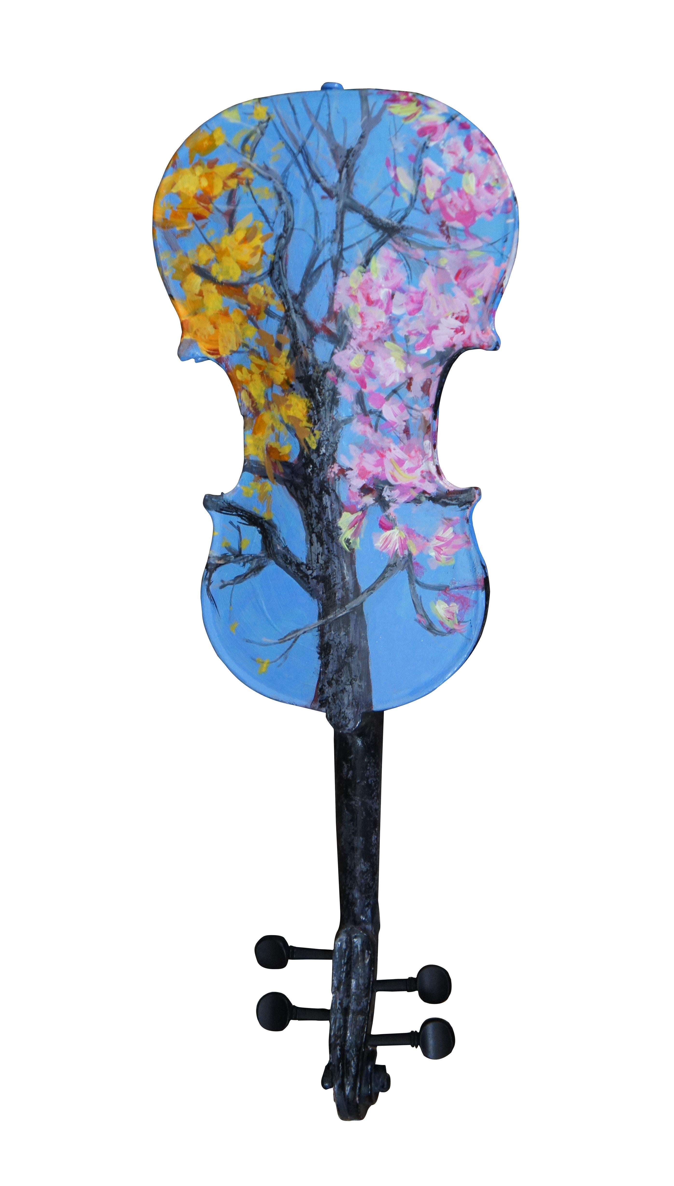 Expressionist Susan Lucas Four Seasons Hanging Acrylic Painted Tree Art Sculpture Violin  For Sale