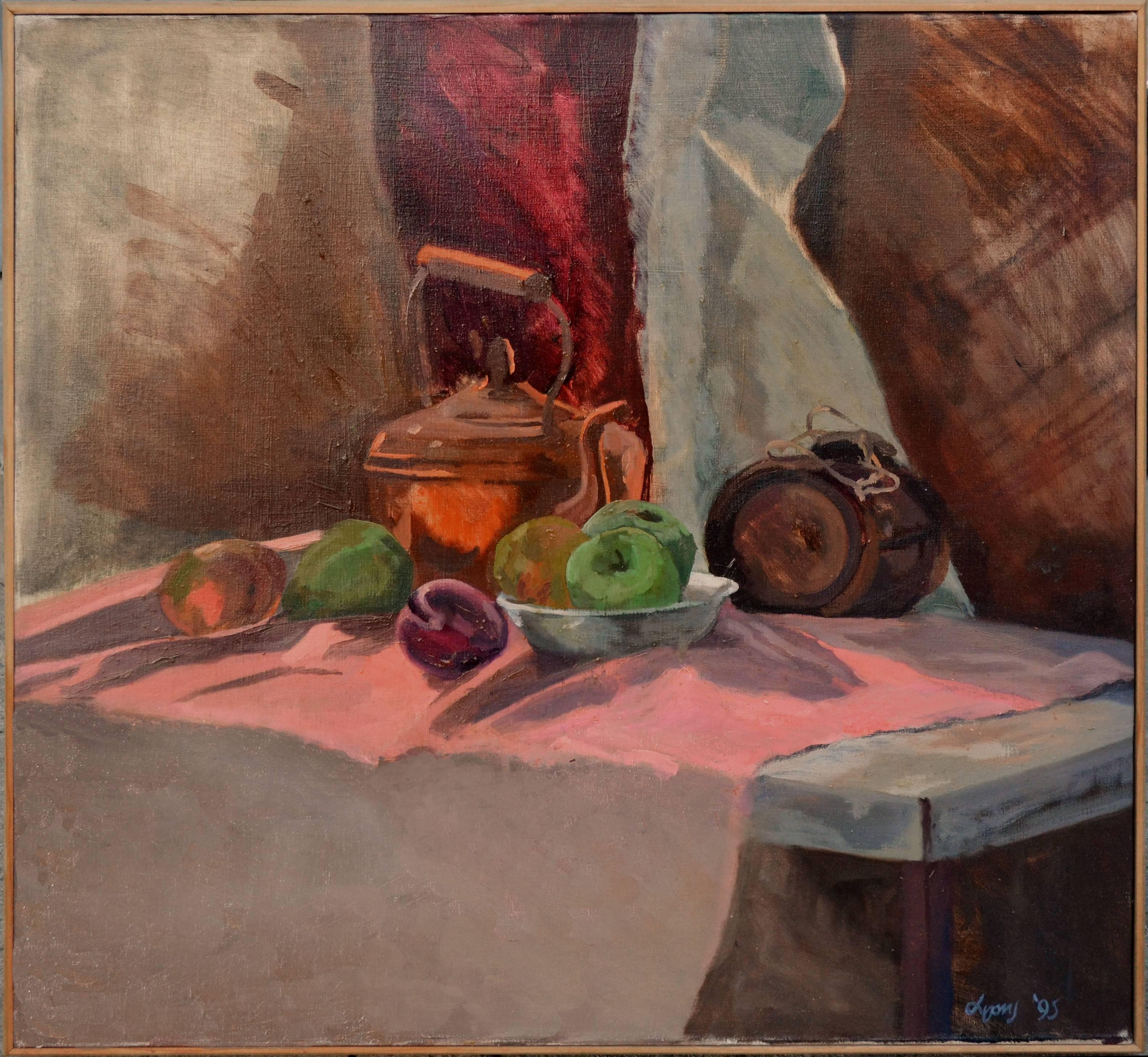 Susan Lyon Still-Life Painting - Cask and Copper Pot Still Life, Oil on Canvas, Signed, 1995, Framed
