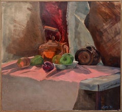 Bodegón de barril y olla de cobre, óleo sobre lienzo, firmado, 1995, enmarcado
