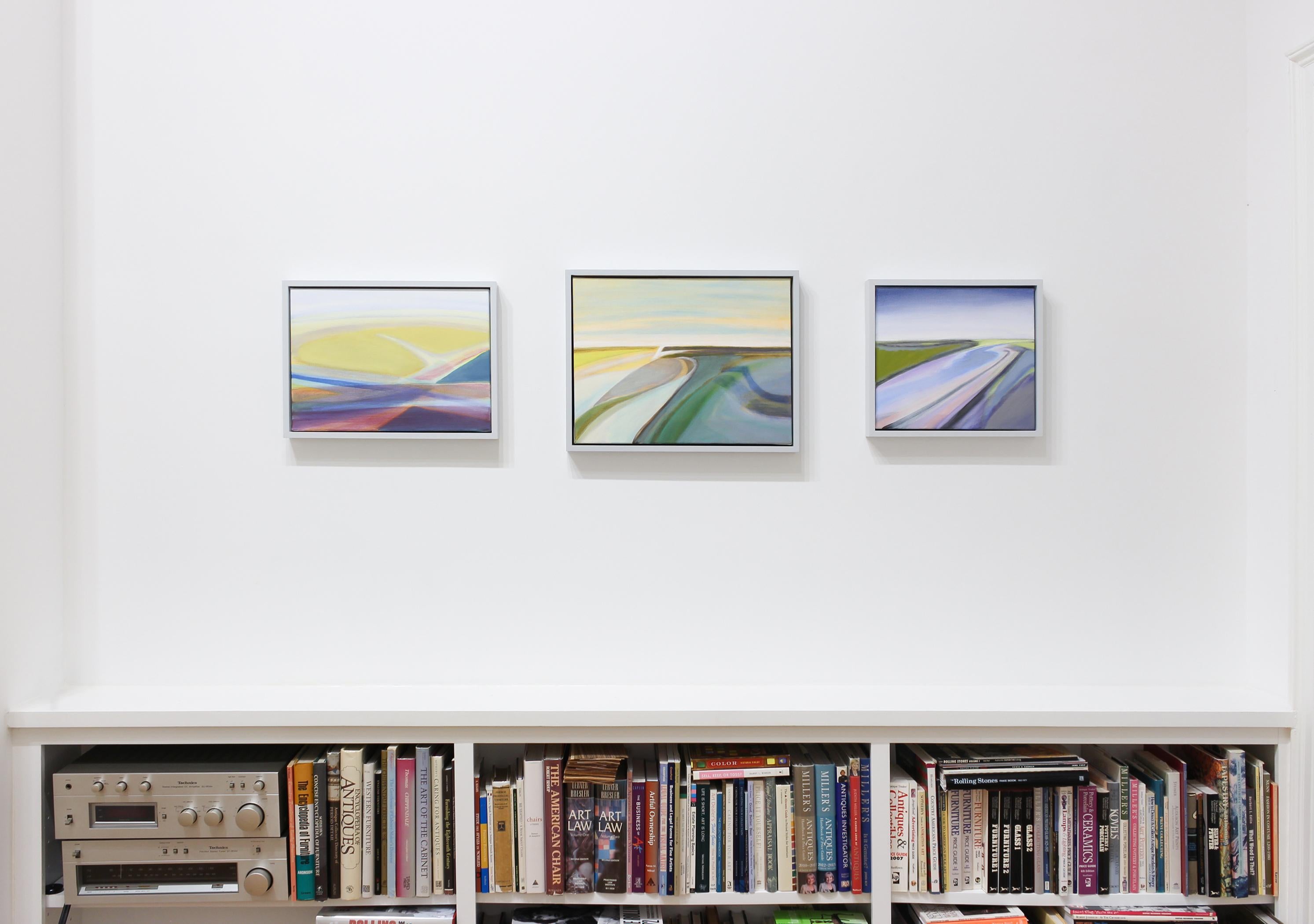 Questo quadro presenta sfumature di blu, verde e giallo. Questo pezzo è incorniciato in una cornice di legno grigio-azzurro che misura 15 x 20 pollici.

Susan Maakestad, pittrice di Memphis, è attratta dagli spazi tra le cose, gli spazi marginali e