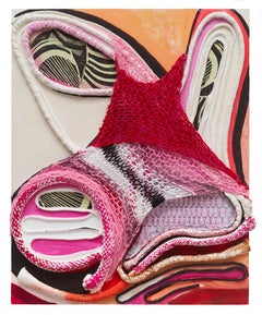 "Captured" 2025, knitting, upholstery cord, acrylic paint, monoprint on board