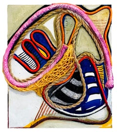 "Hold On" 2025 upholstery cord, acrylic paint, monoprint on board