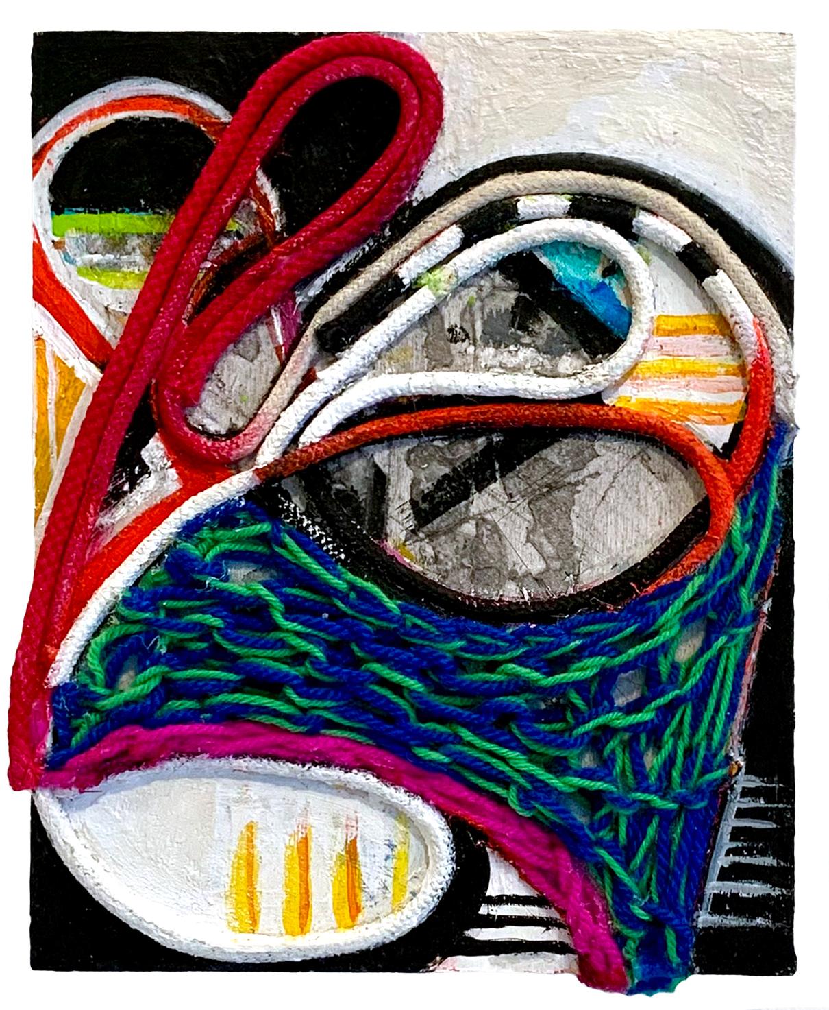 "Reflejo" 2025 cuerda de tapicería, pintura acrílica, monocopia sobre tabla