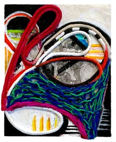 "Reflejo" 2025 cuerda de tapicería, pintura acrílica, monocopia sobre tabla