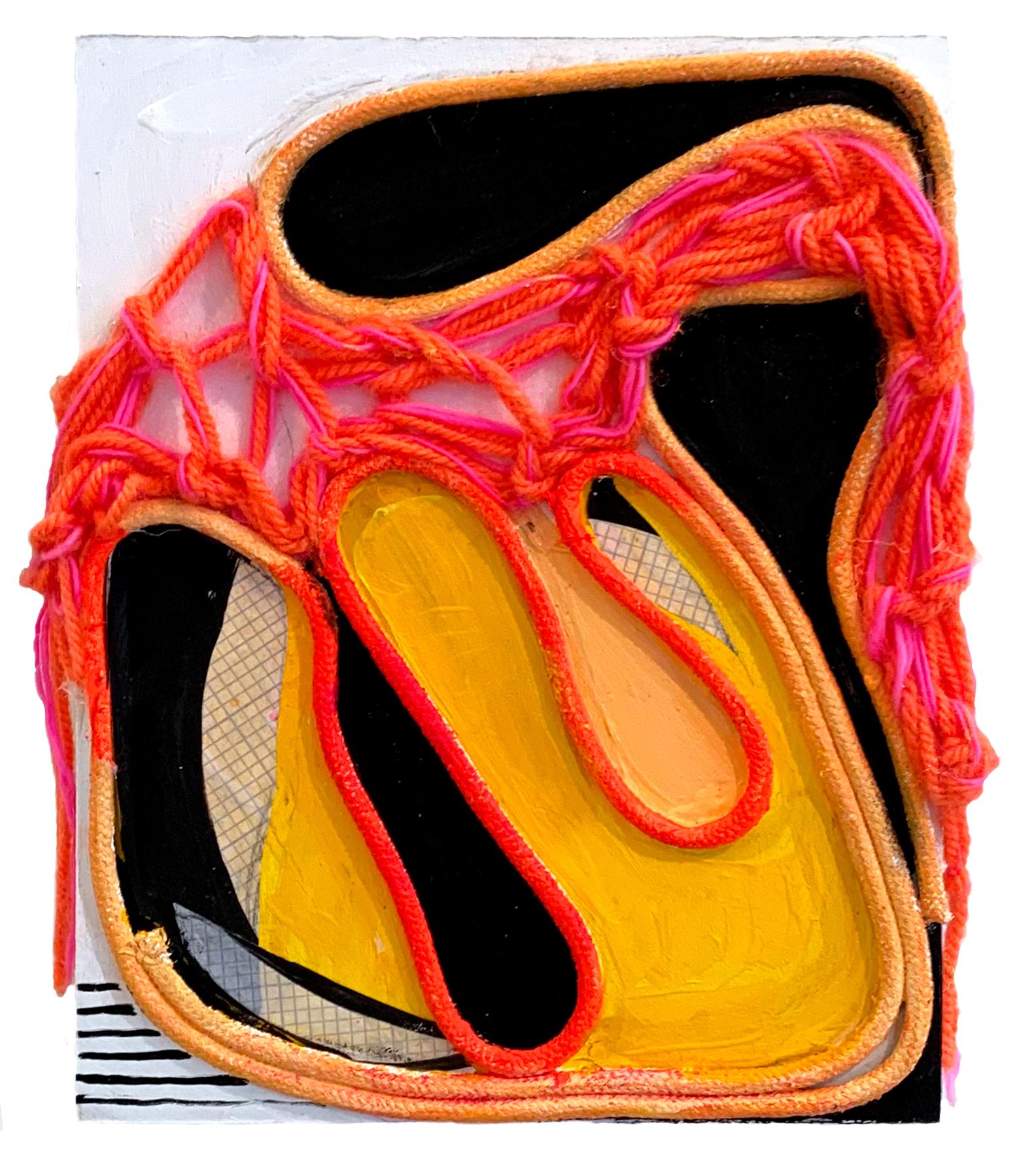 "The Sun Came Out" 2025 upholstery cord, acrylic paint, monoprint on board