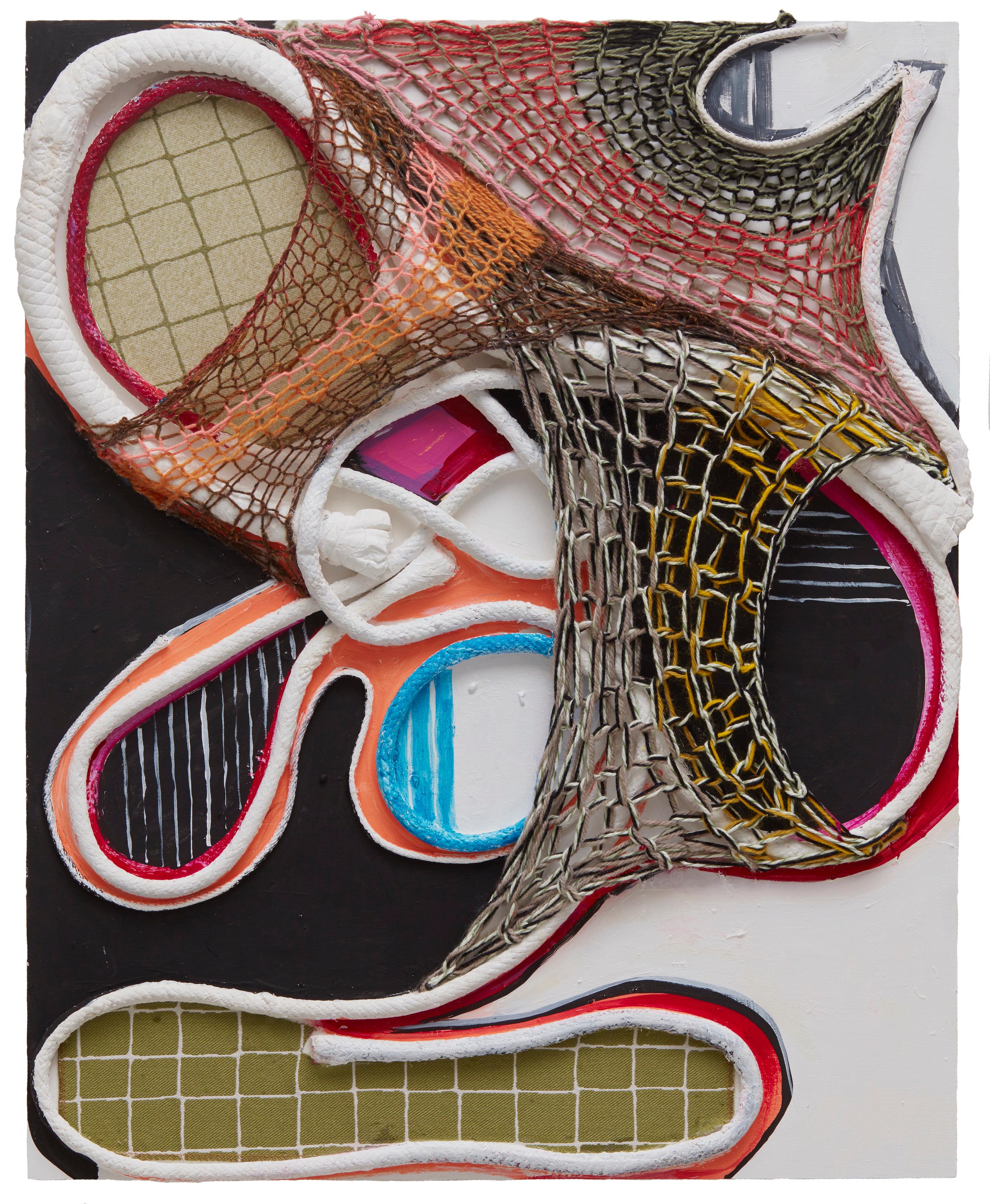 "Wrapping The Void" 2023 upholstery cord, acrylic paint, monoprint on board