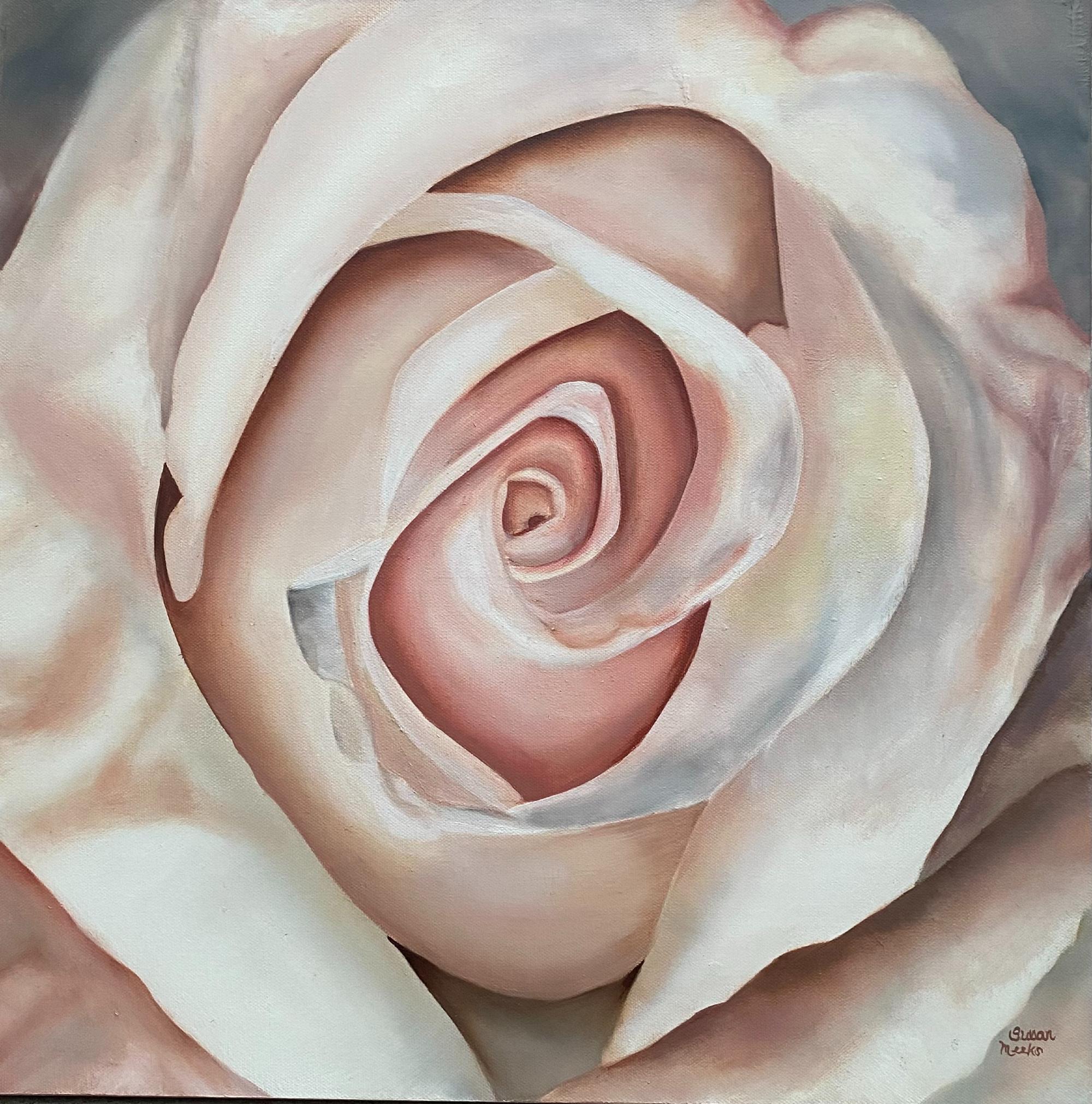 Susan Meeks Still-Life Painting – Eine weiße Rose  Realismus Öl auf Leinwand    Gallery Wrapped  Floral 20" x 20"