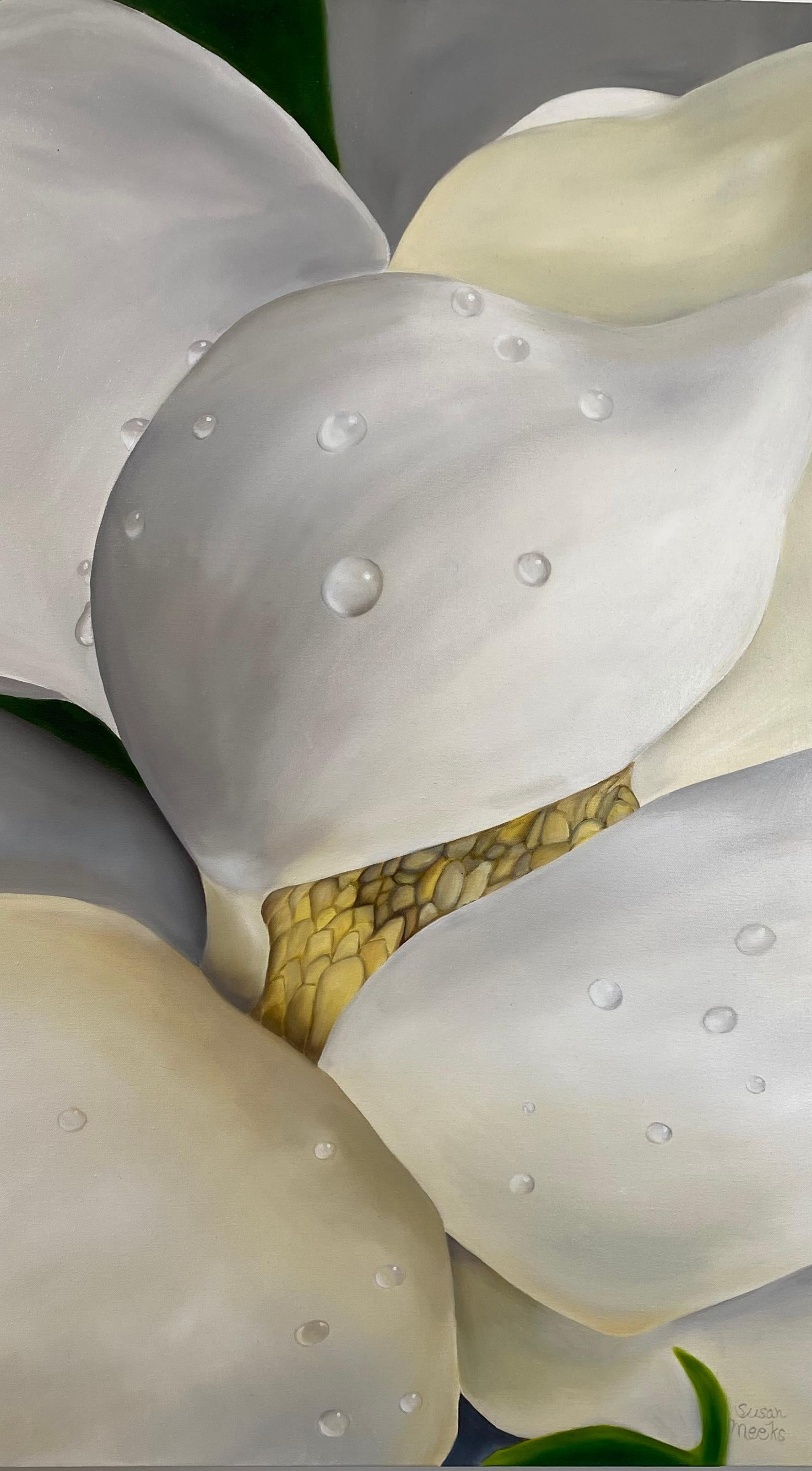 Gros plan sur un magnolia sous la pluie  Réalisme 40 x 30 Huile  Toile  Peinture florale  - Painting de Susan Meeks