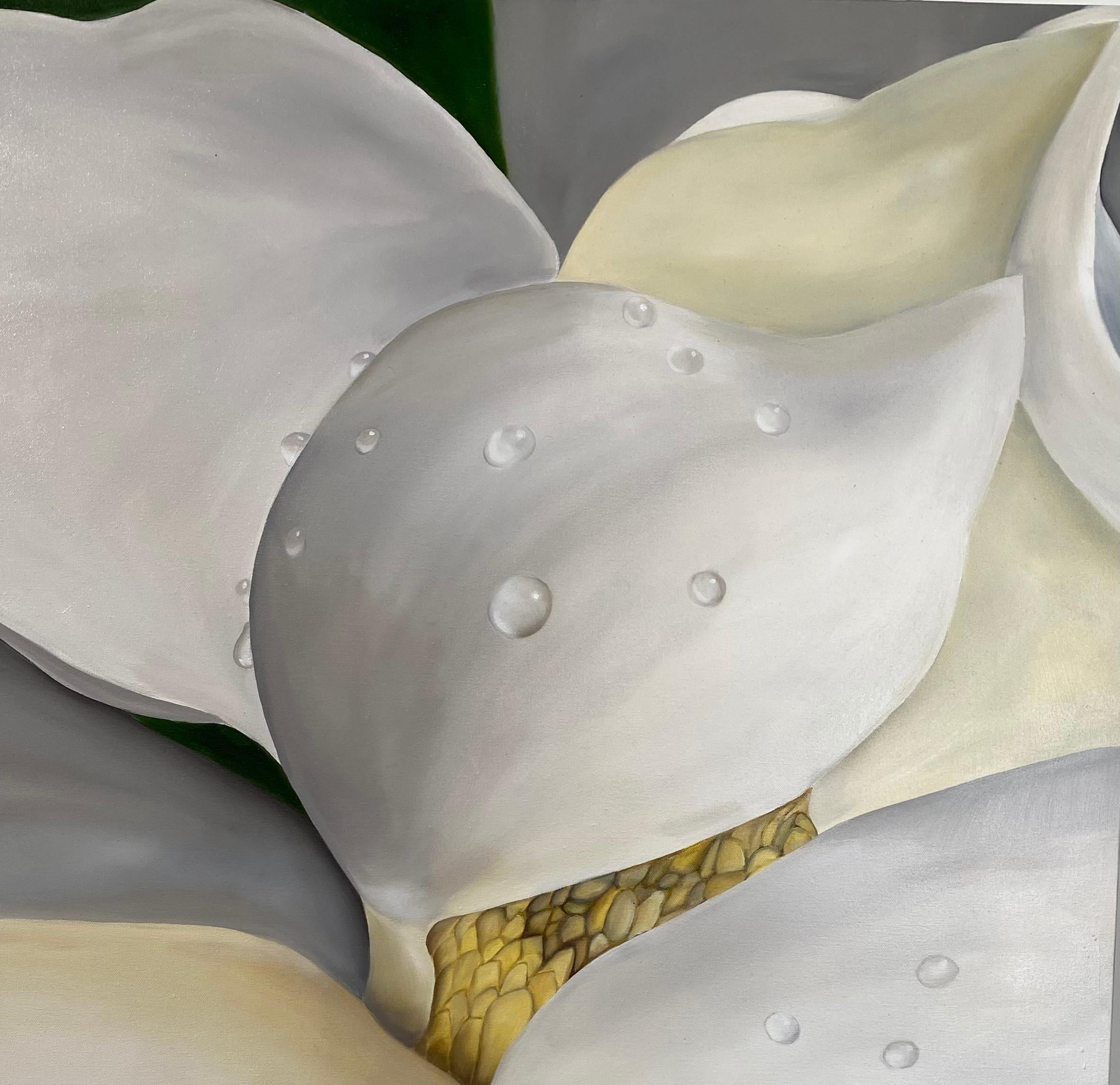 Close Up Magnolia in the Rain  Realism 40 x 30 Oil  Canvas  Floral Painting  - Gray Landscape Painting by Susan Meeks