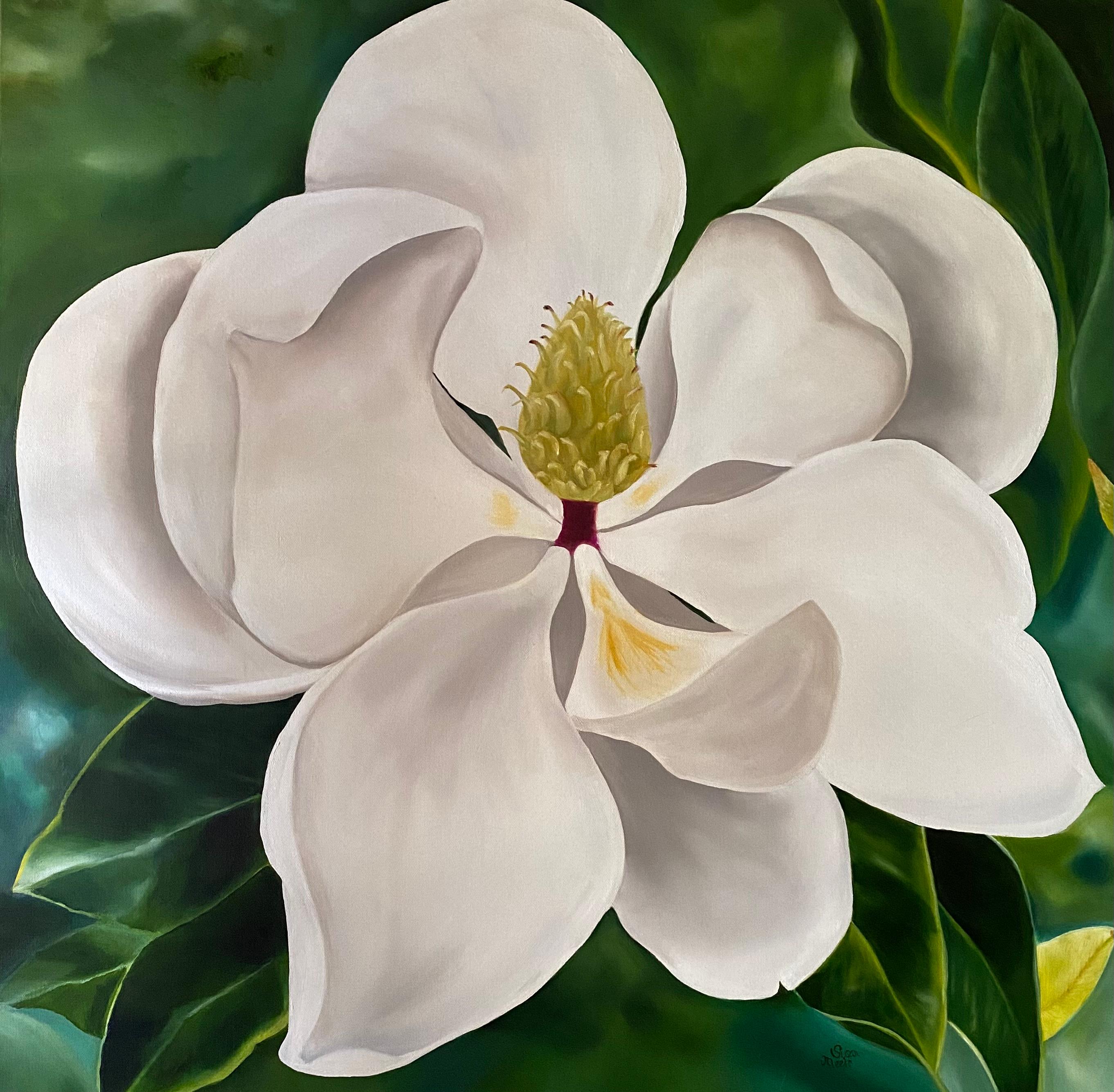  Magnolia géant  Réalisme 36 x 36 Huile sur toile - Galerie enveloppée   Fleuri en vente 1