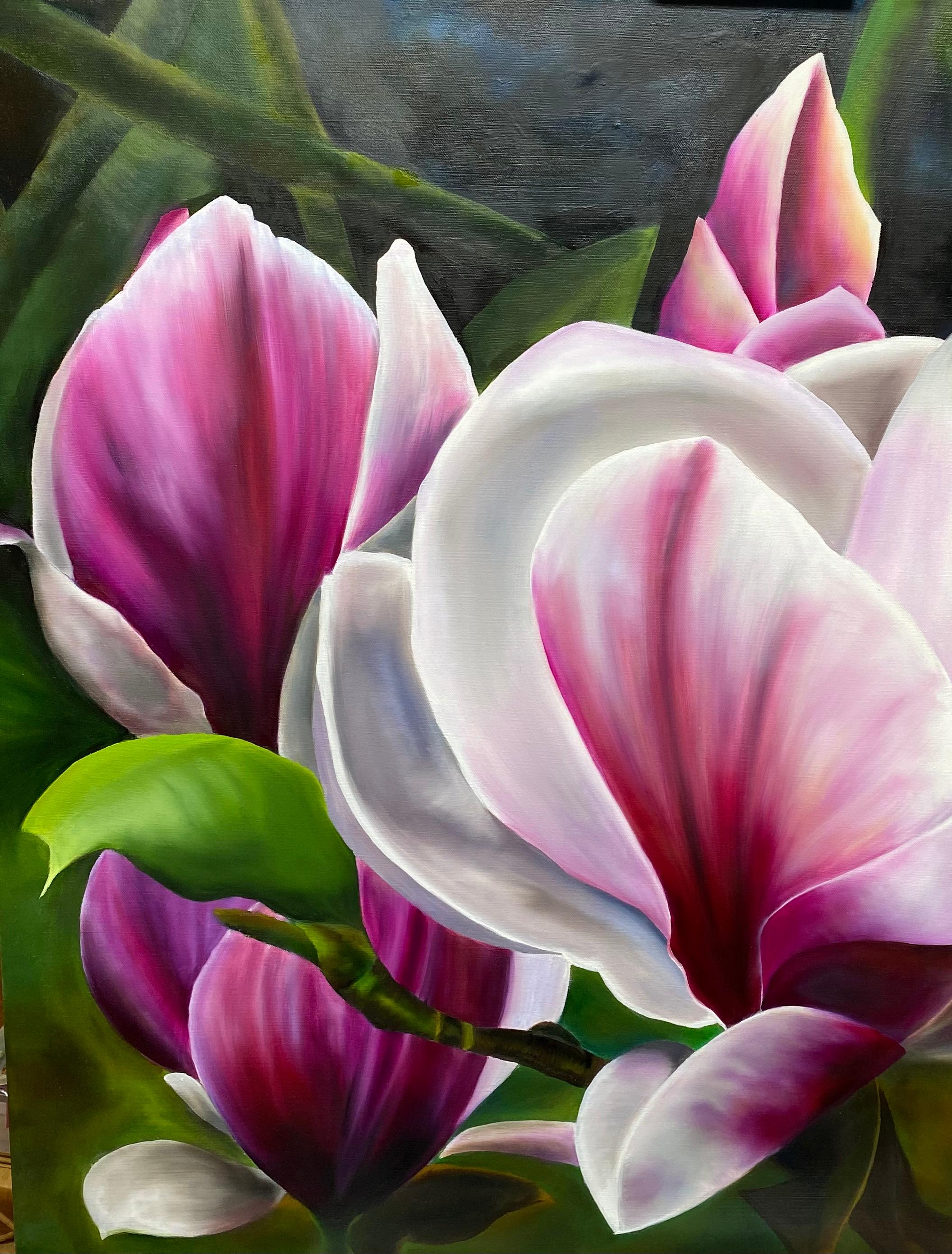 Magenta Magnolia  Realism 36 x 36 Oil  Canvas Gallery Wrapped  Floral Painting  - Black Landscape Painting by Susan Meeks
