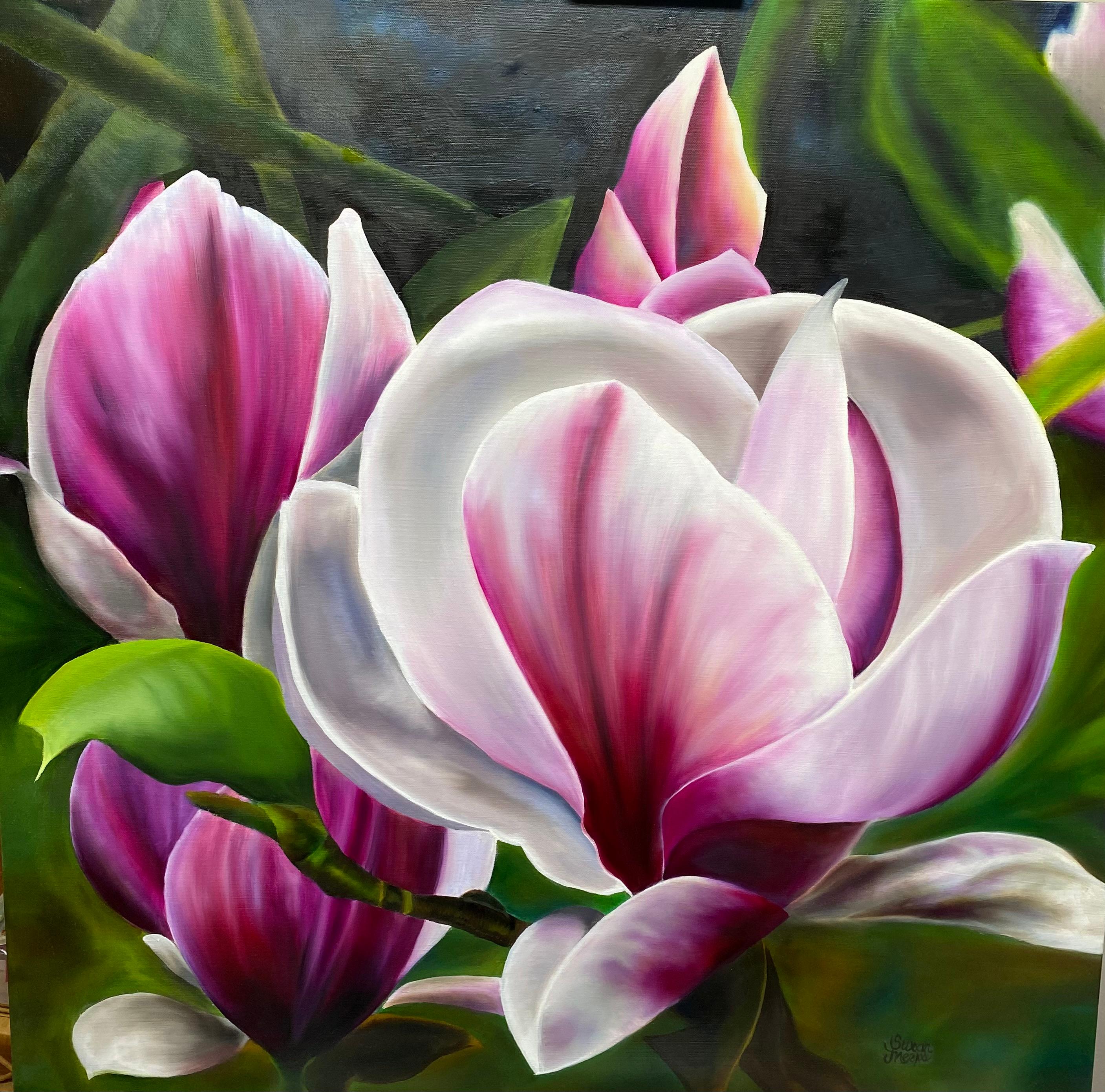 Landscape Painting Susan Meeks - Magenta Magnolia  Réalisme 36 x 36 Huile  Canvas Gallery Wrapped  Peinture florale 
