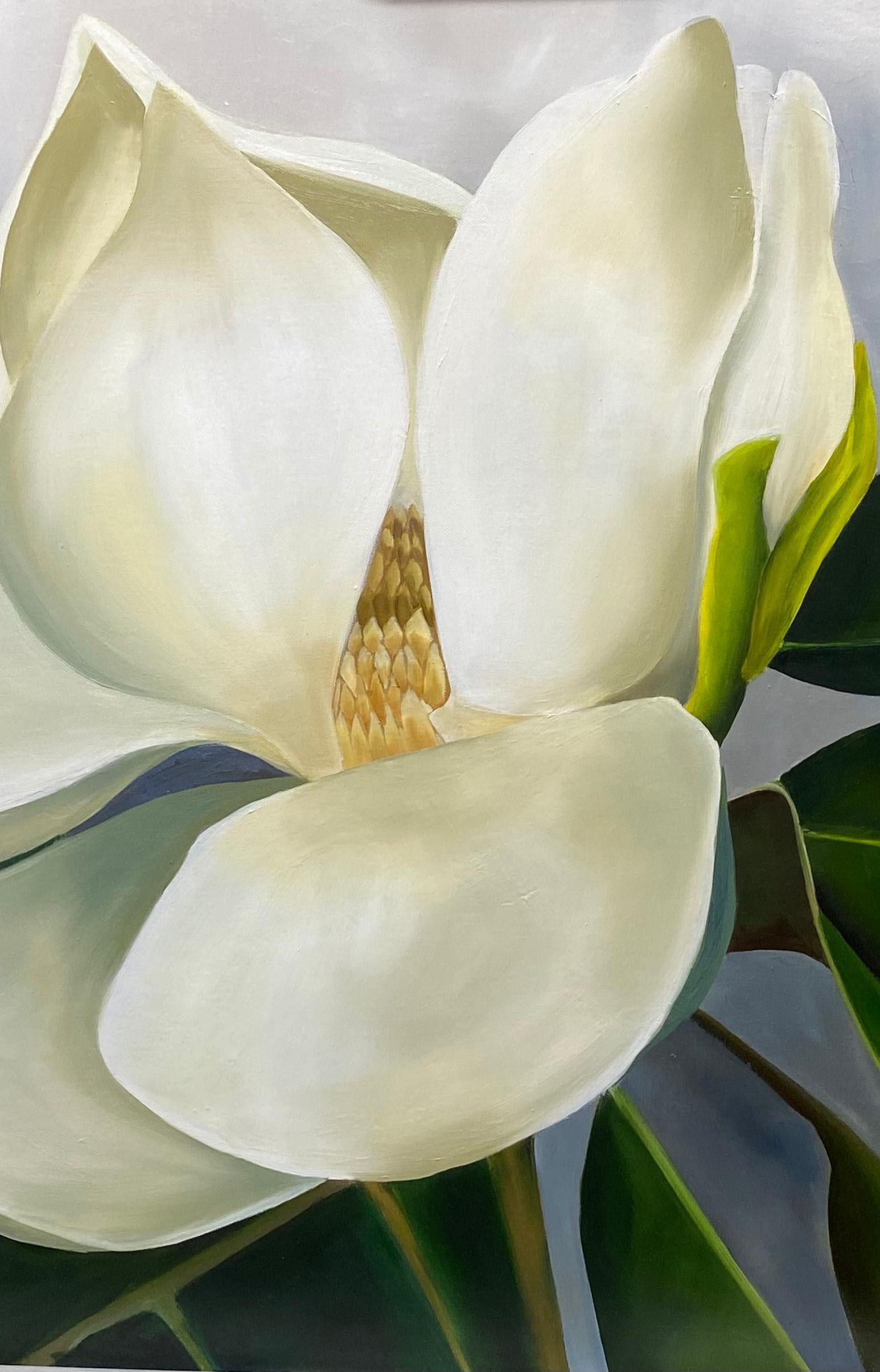 Magnolia after the Rain  Realism 24 x 36 Oil  Canvas  Floral Painting  - Gray Still-Life Painting by Susan Meeks