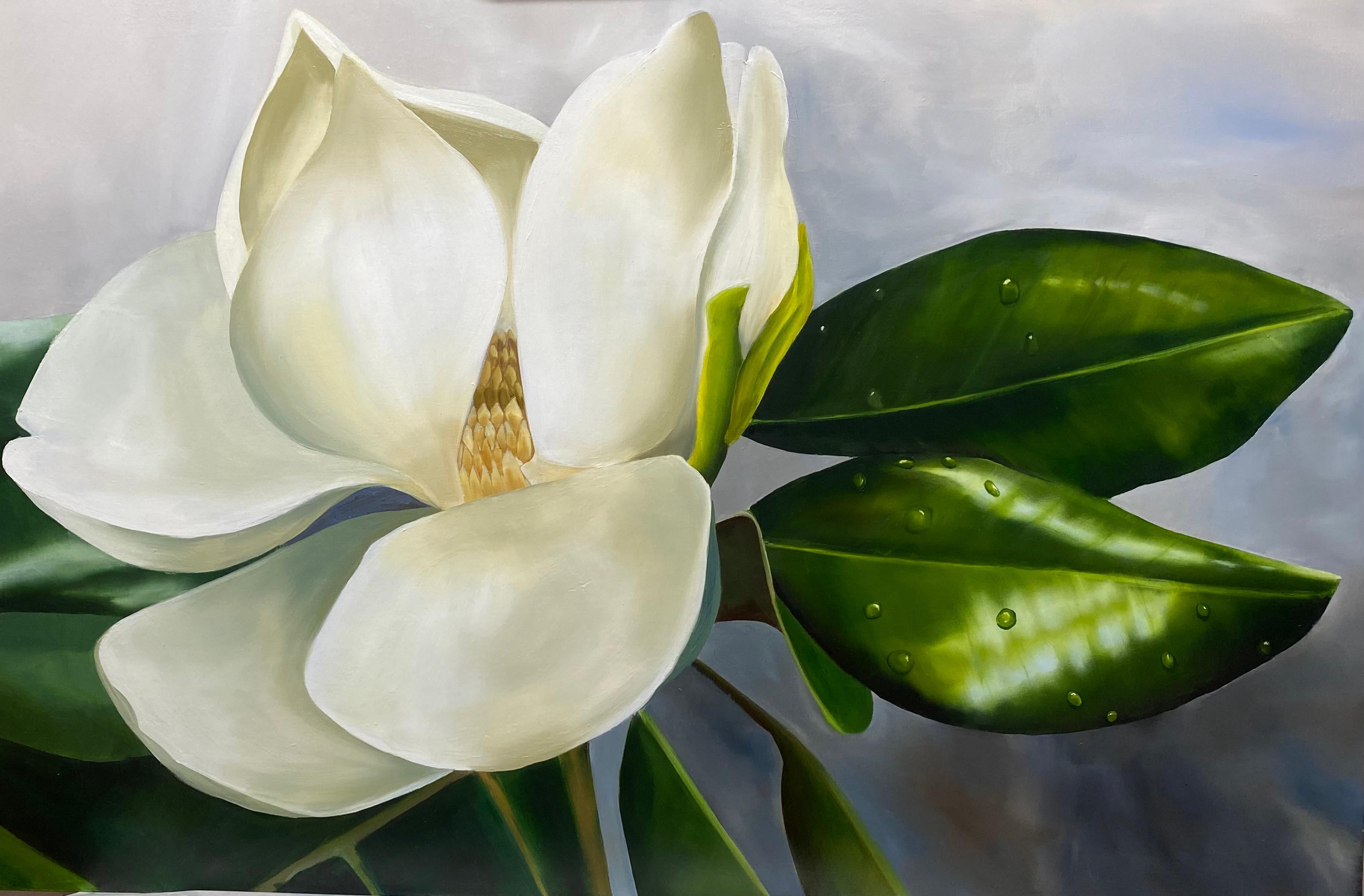 Still-Life Painting Susan Meeks - Magnolia d'après la pluie  Réalisme 24 x 36 Huile  Toile  Peinture florale 