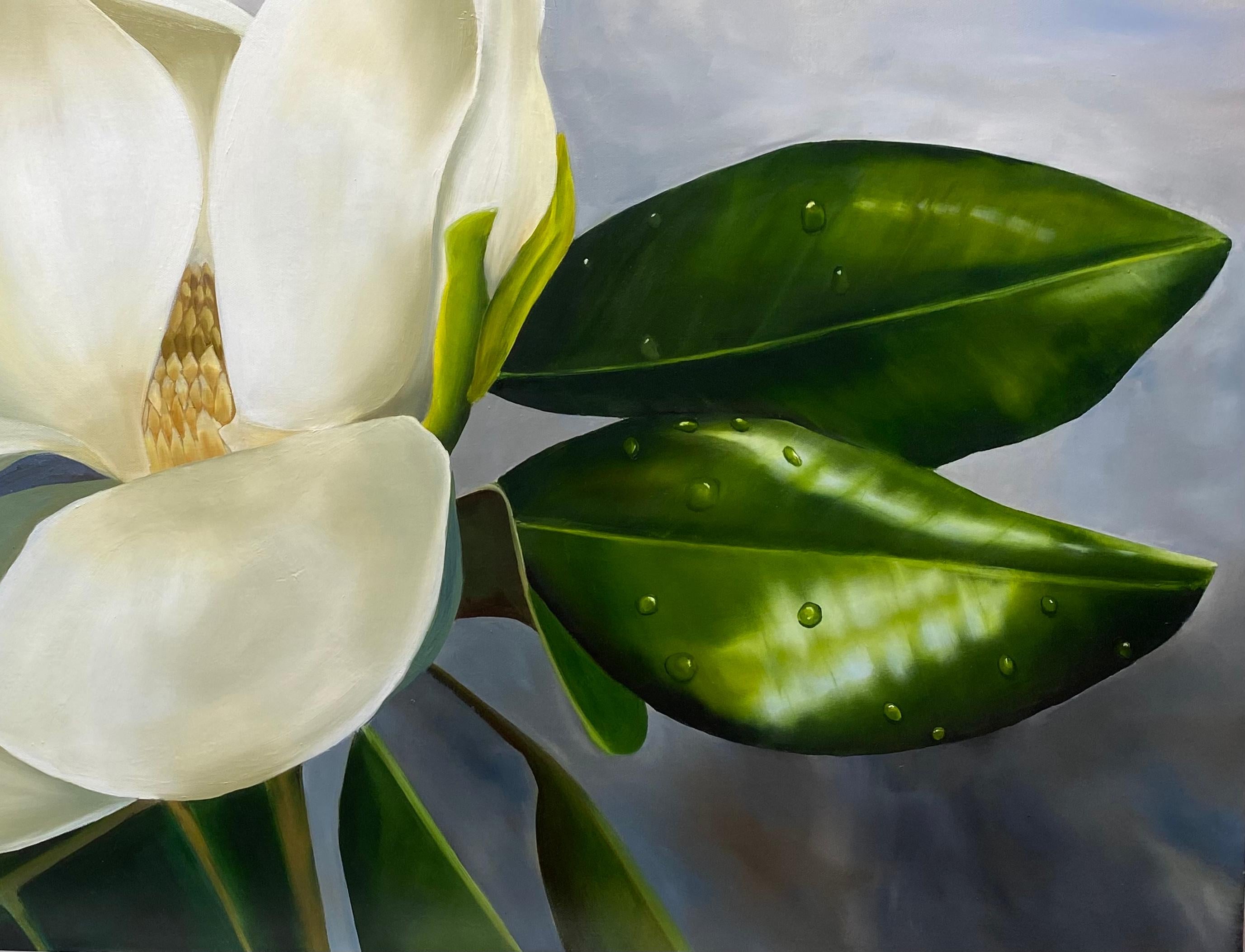 Rain Drops on the Magnolia   Realism 24 x 36 Oil  Canvas  Floral Painting - Gray Landscape Painting by Susan Meeks