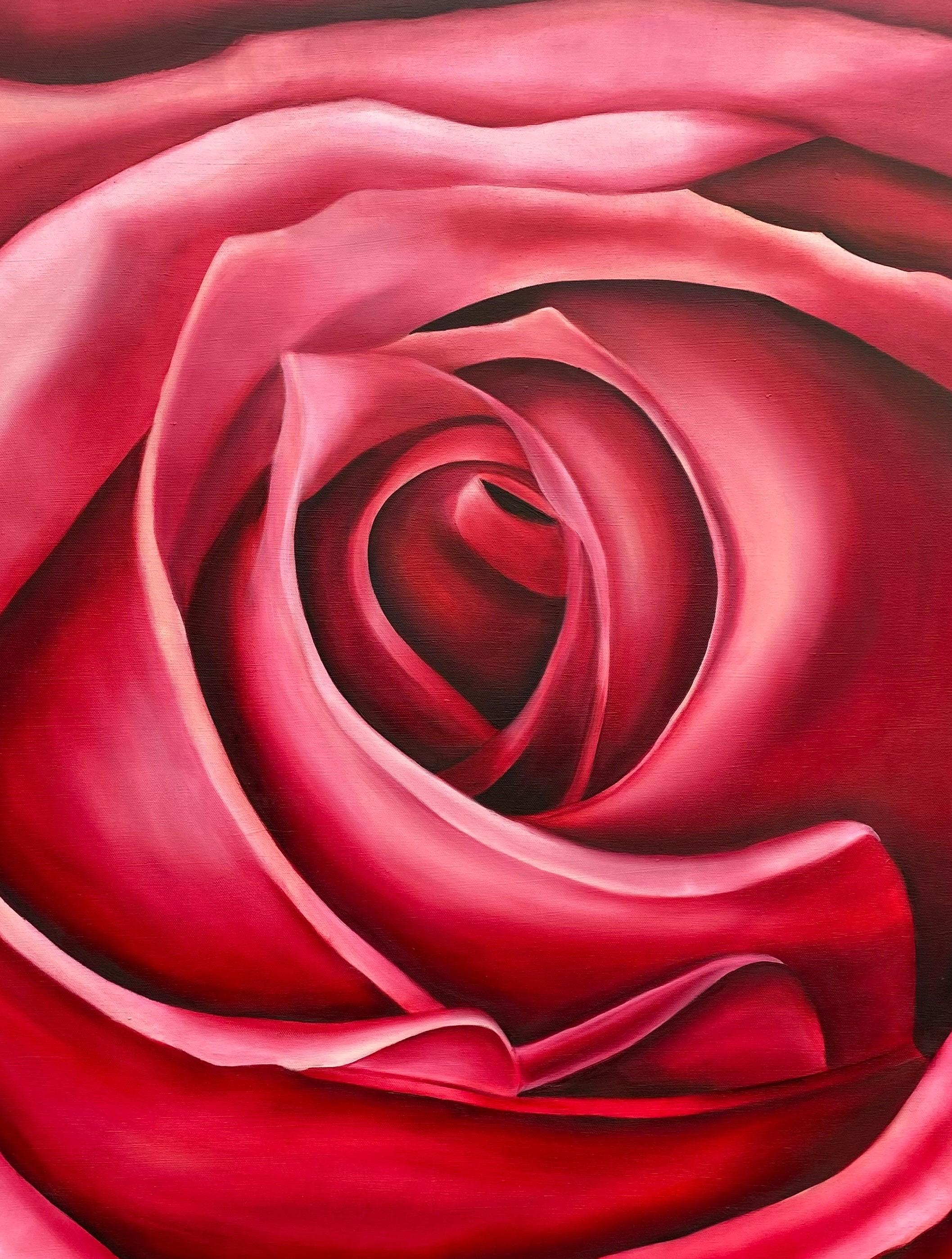 Ruby Red Rose I I Realism Oil on Canvas Gallery Wrapped Floral 48 x 36 - Painting de Susan Meeks