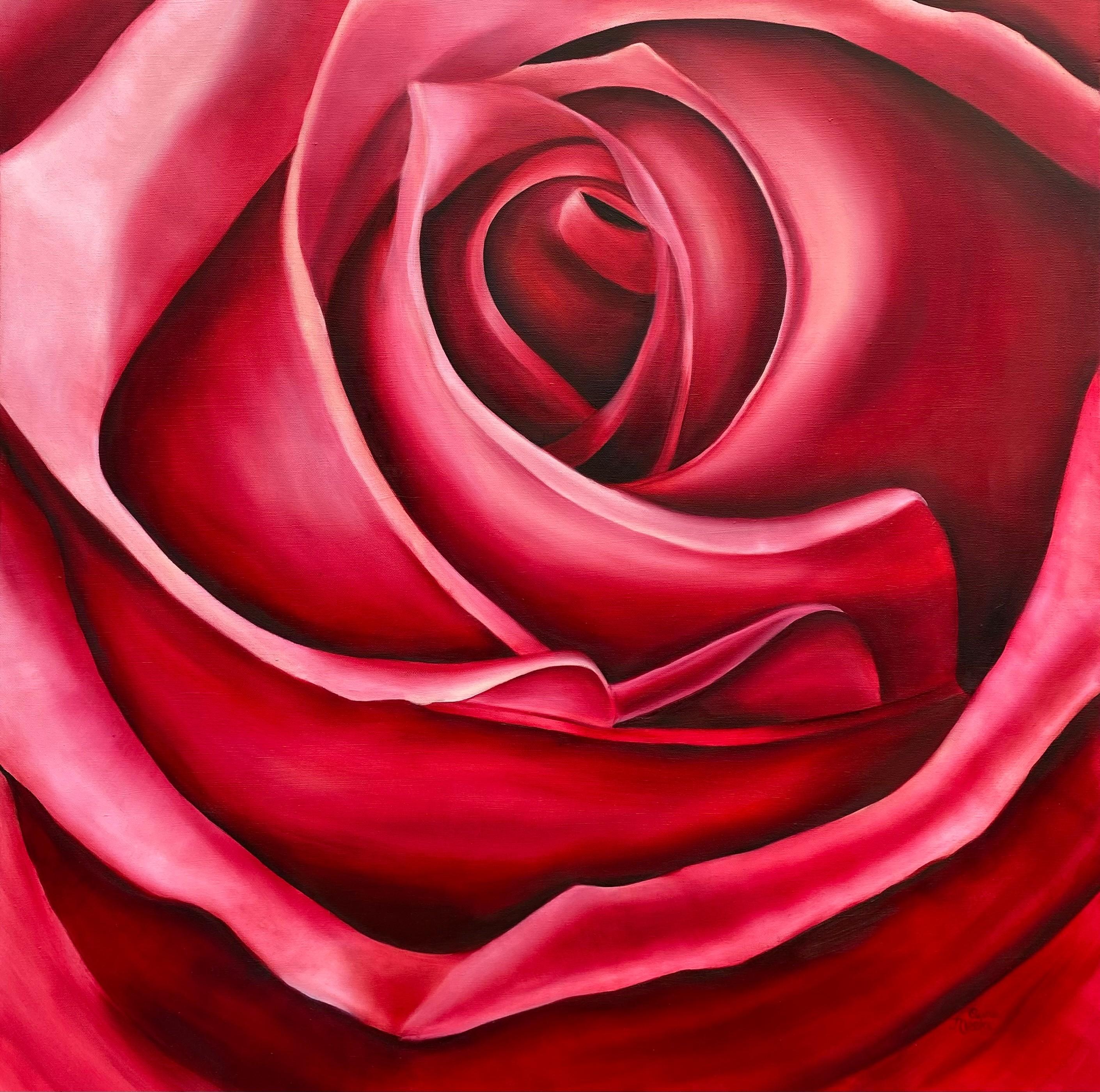  Rose rouge rubis  Huile sur toile enveloppée dans une galerie 40